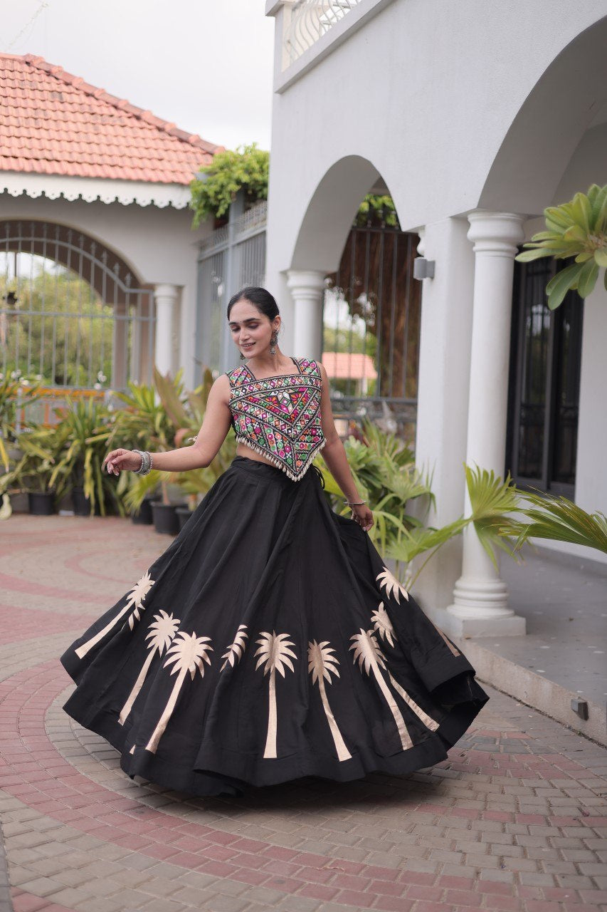 Womenline Black Navratri Lehenga Choli with Mirror Work Blouse