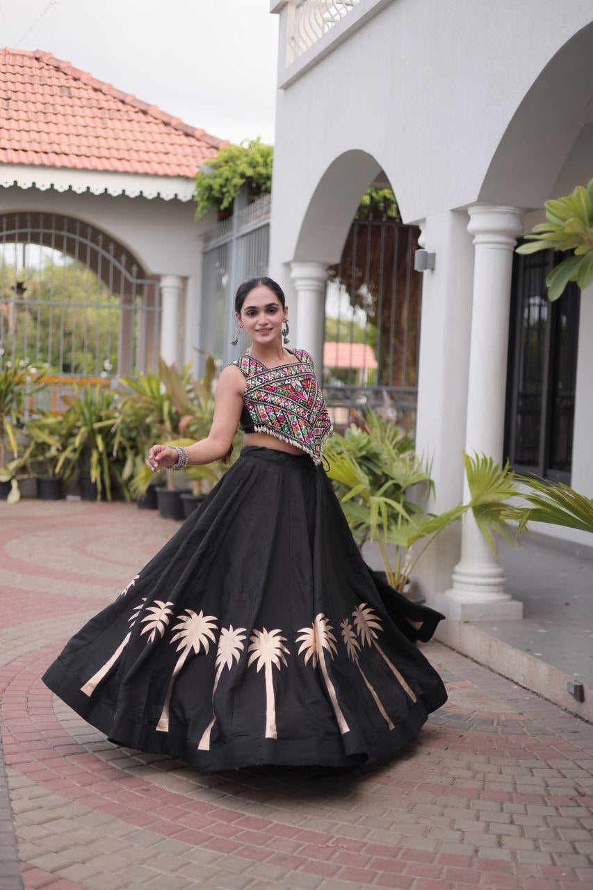 Womenline Black Navratri Lehenga Choli with Mirror Work Blouse