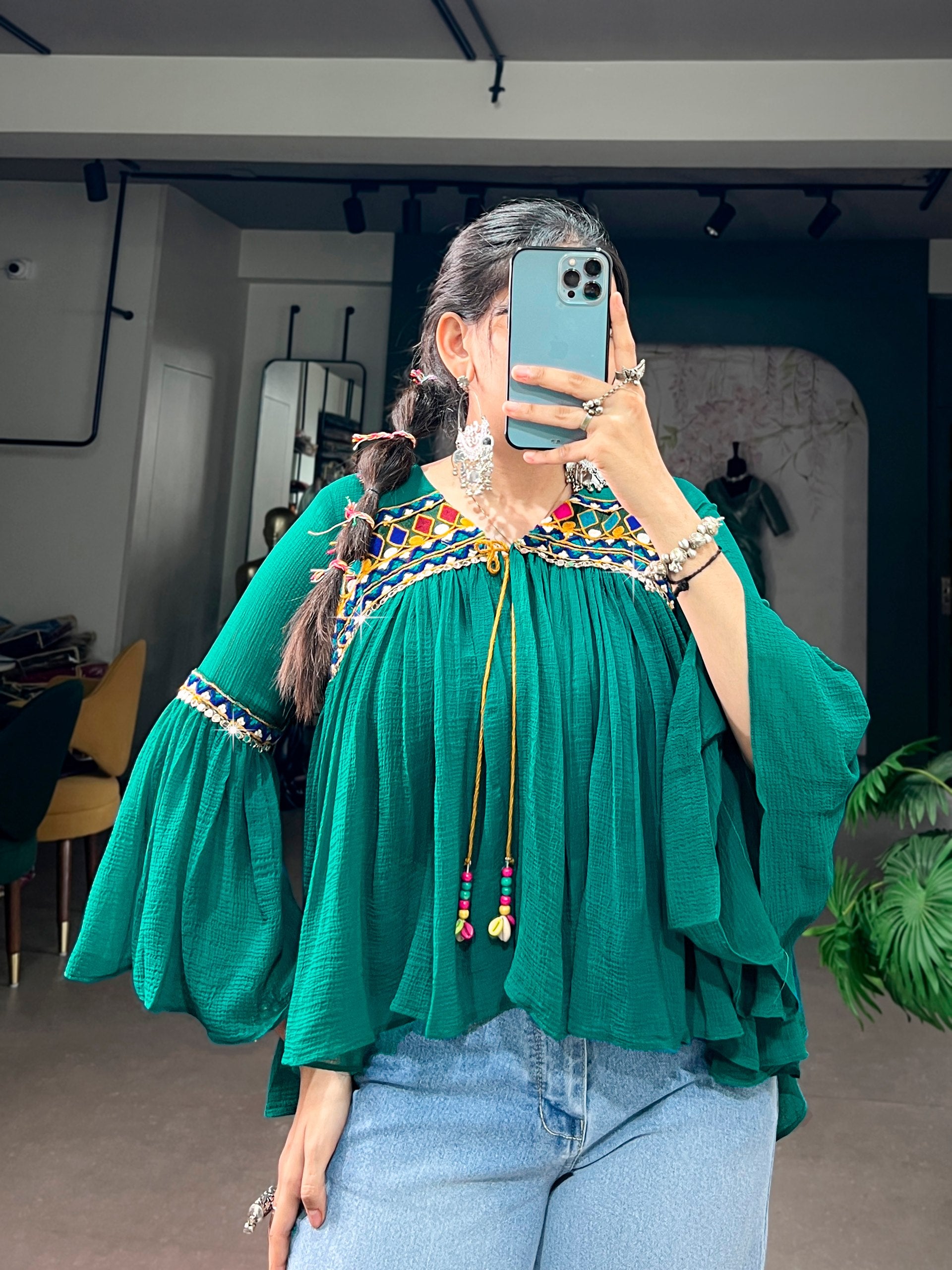 Womenline Emerald Green Boho Embroidered Peasant Top