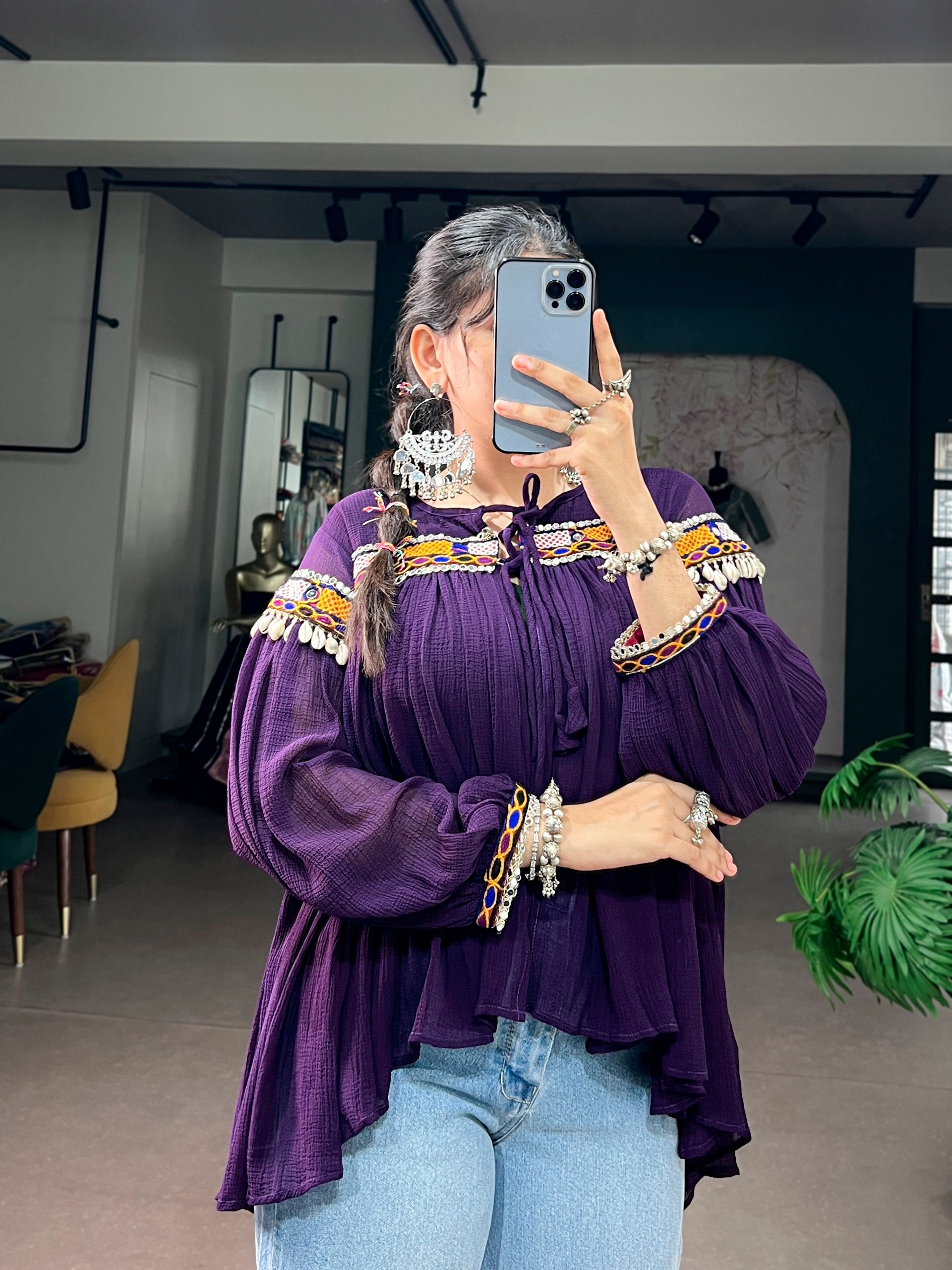 Womenline Purple Boho Embroidered Peasant Top