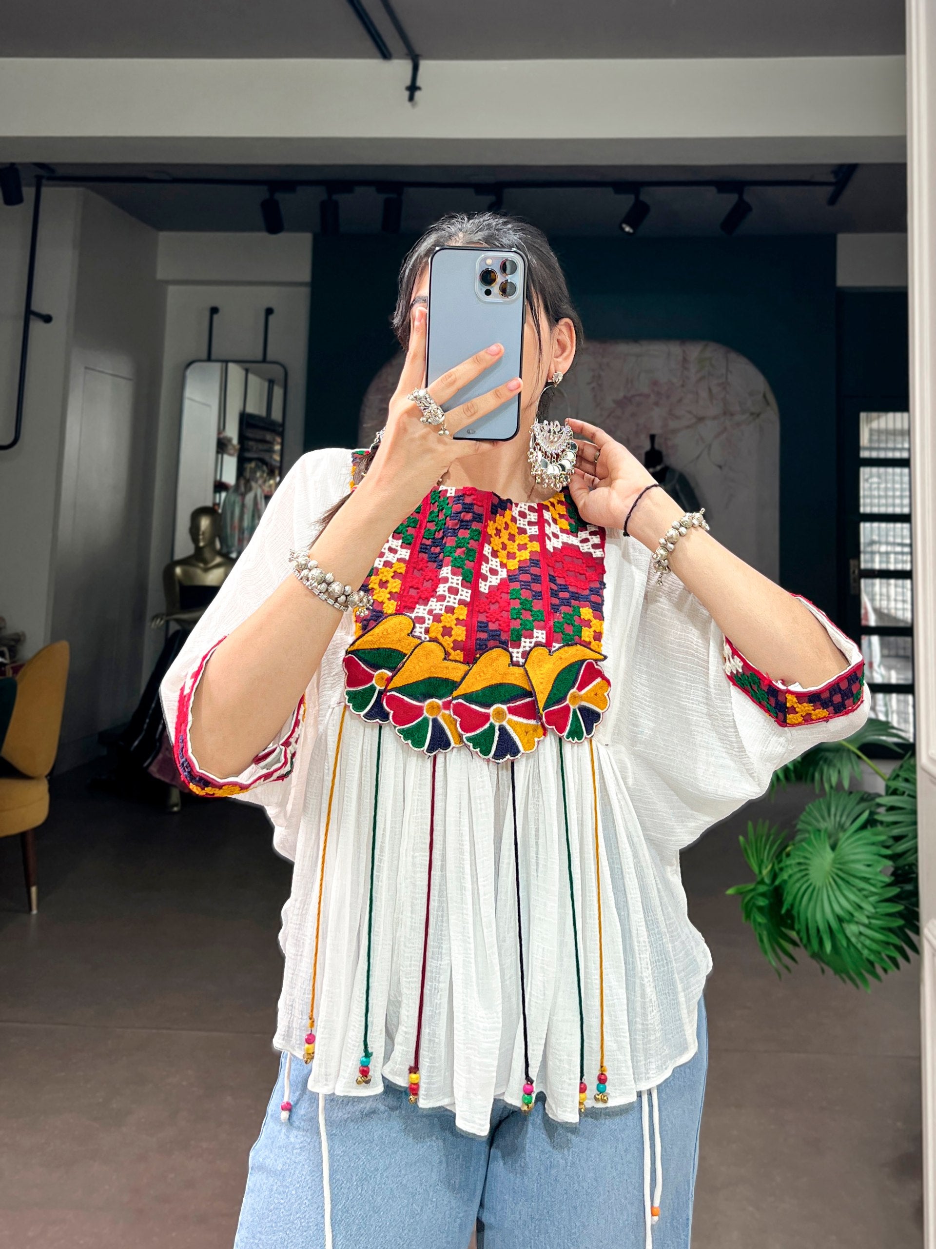 Womenline White Boho Embroidered Peasant Top