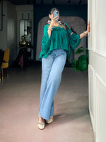 Womenline Emerald Green Boho Embroidered Peasant Top