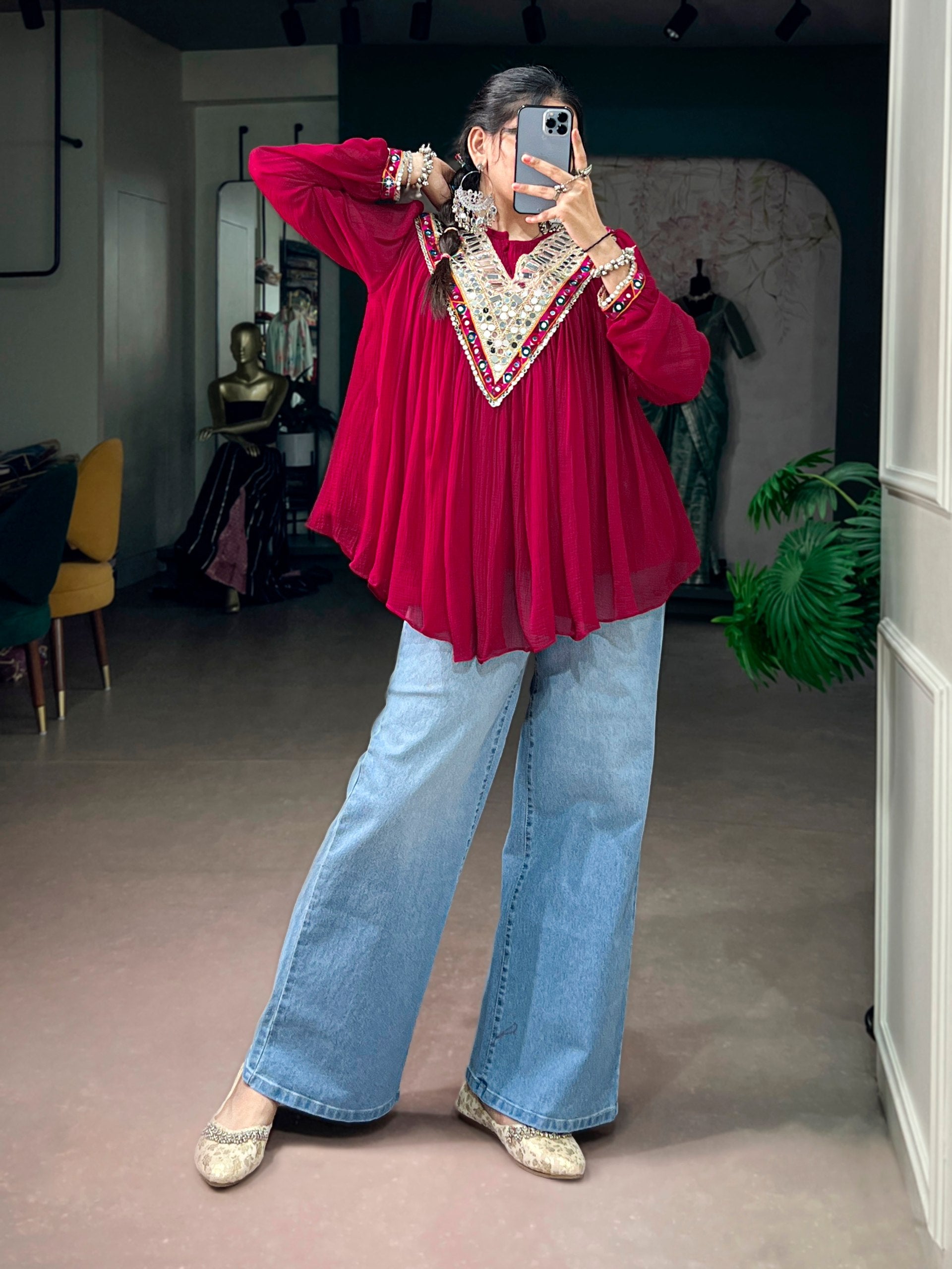 Womenline Wine Boho Embroidered Peasant Top
