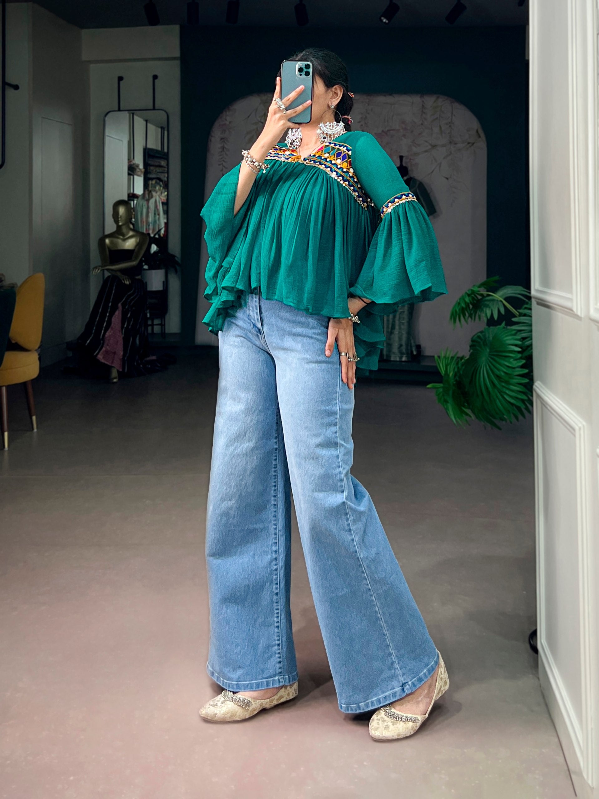 Womenline Emerald Green Boho Embroidered Peasant Top