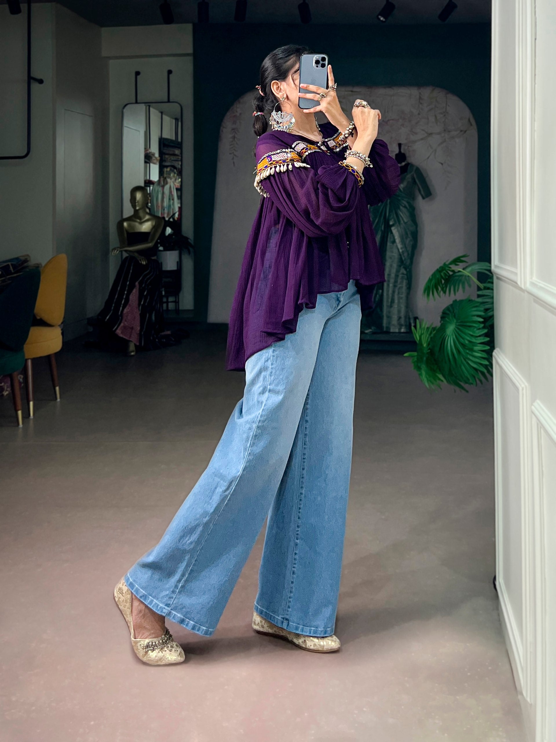 Womenline Purple Boho Embroidered Peasant Top