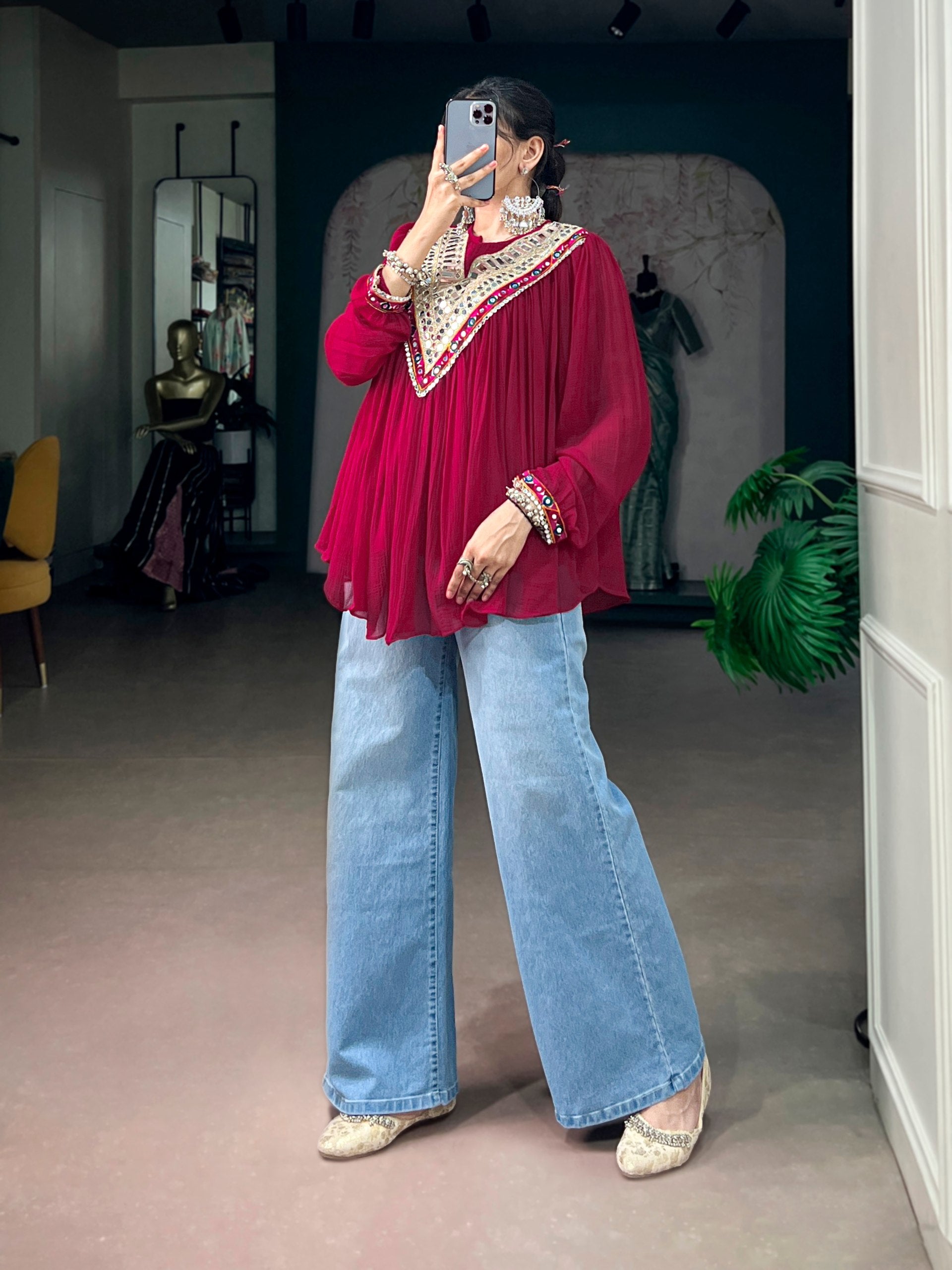 Womenline Wine Boho Embroidered Peasant Top