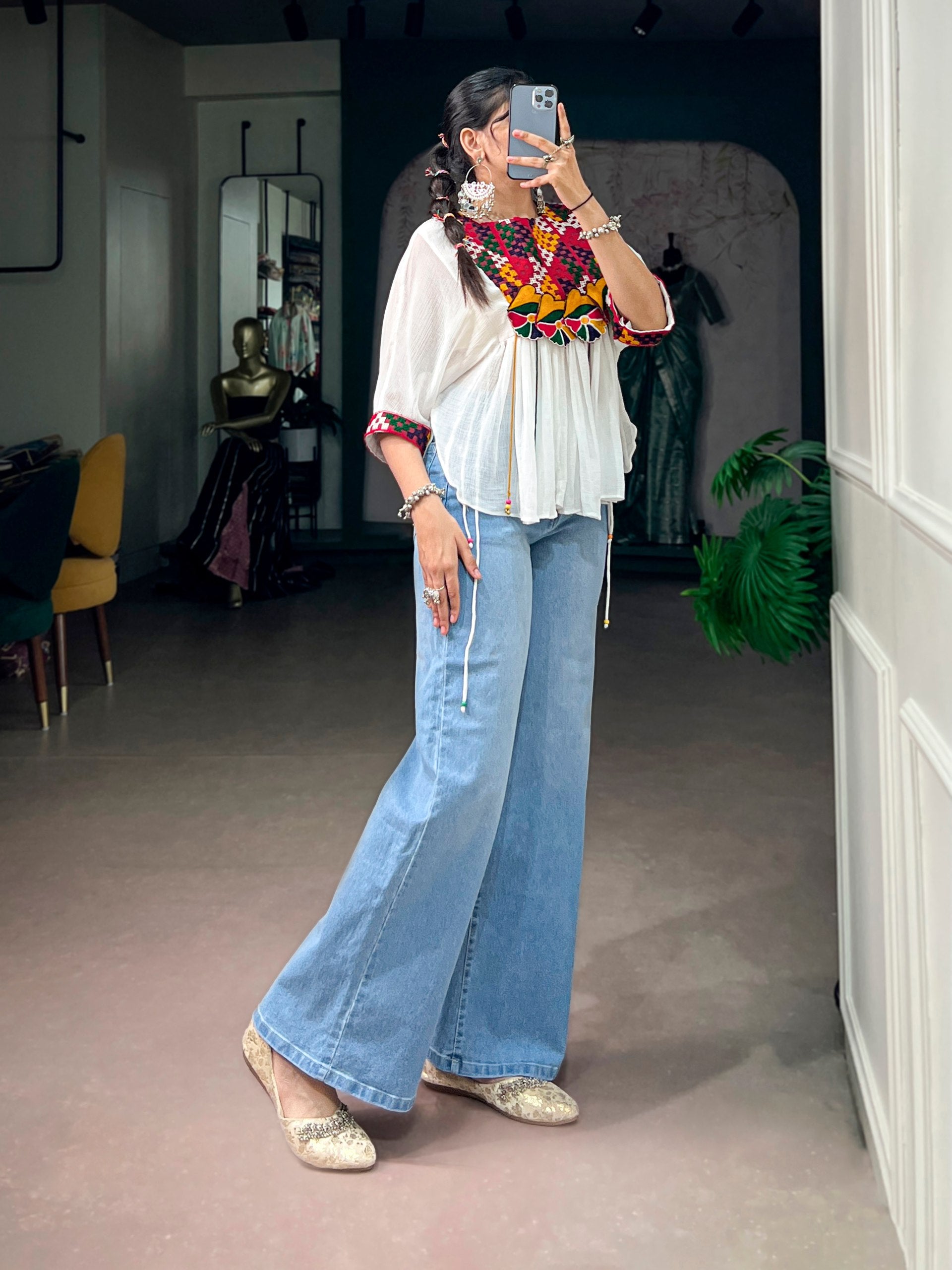 Womenline White Boho Embroidered Peasant Top