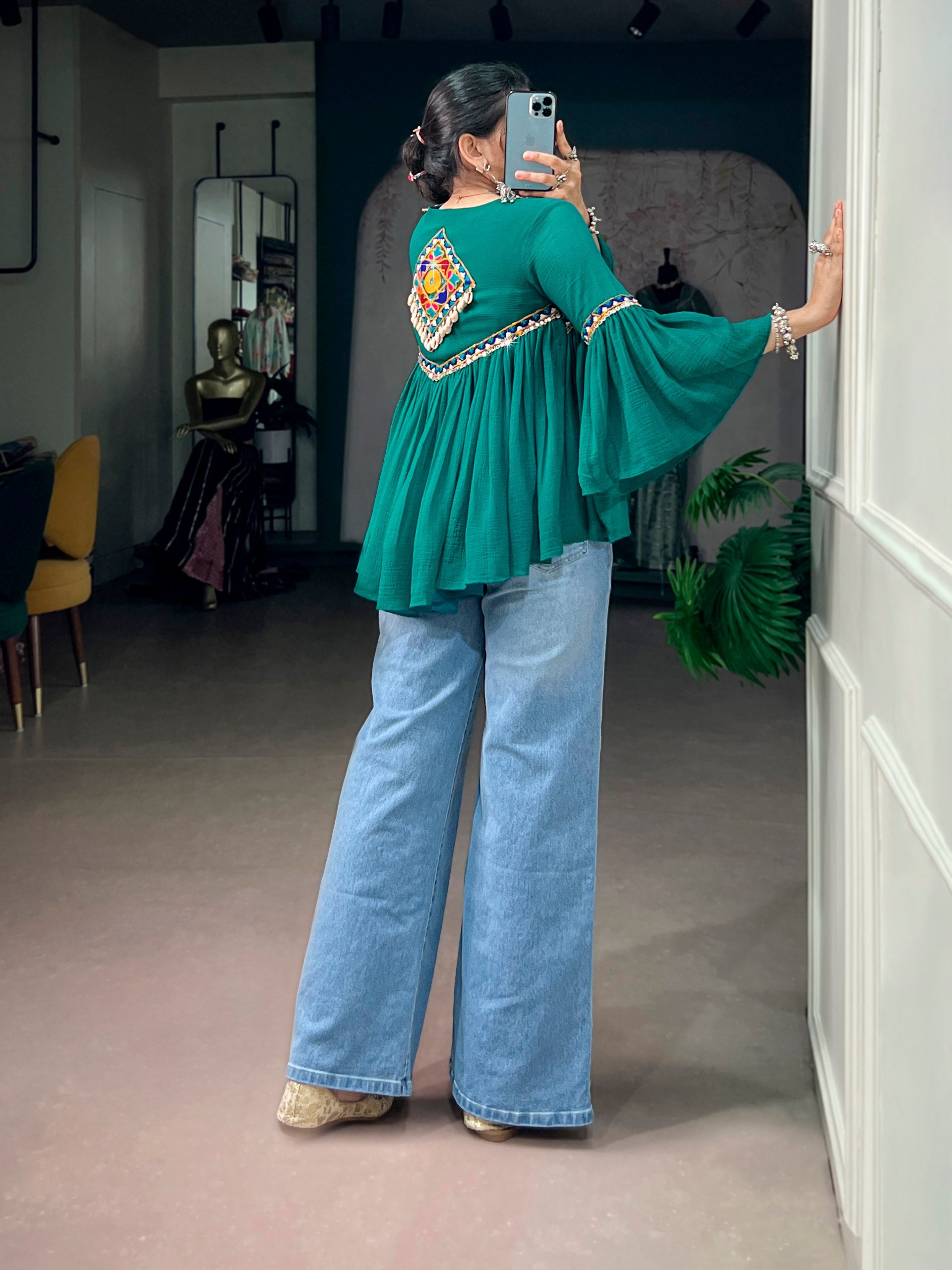 Womenline Emerald Green Boho Embroidered Peasant Top