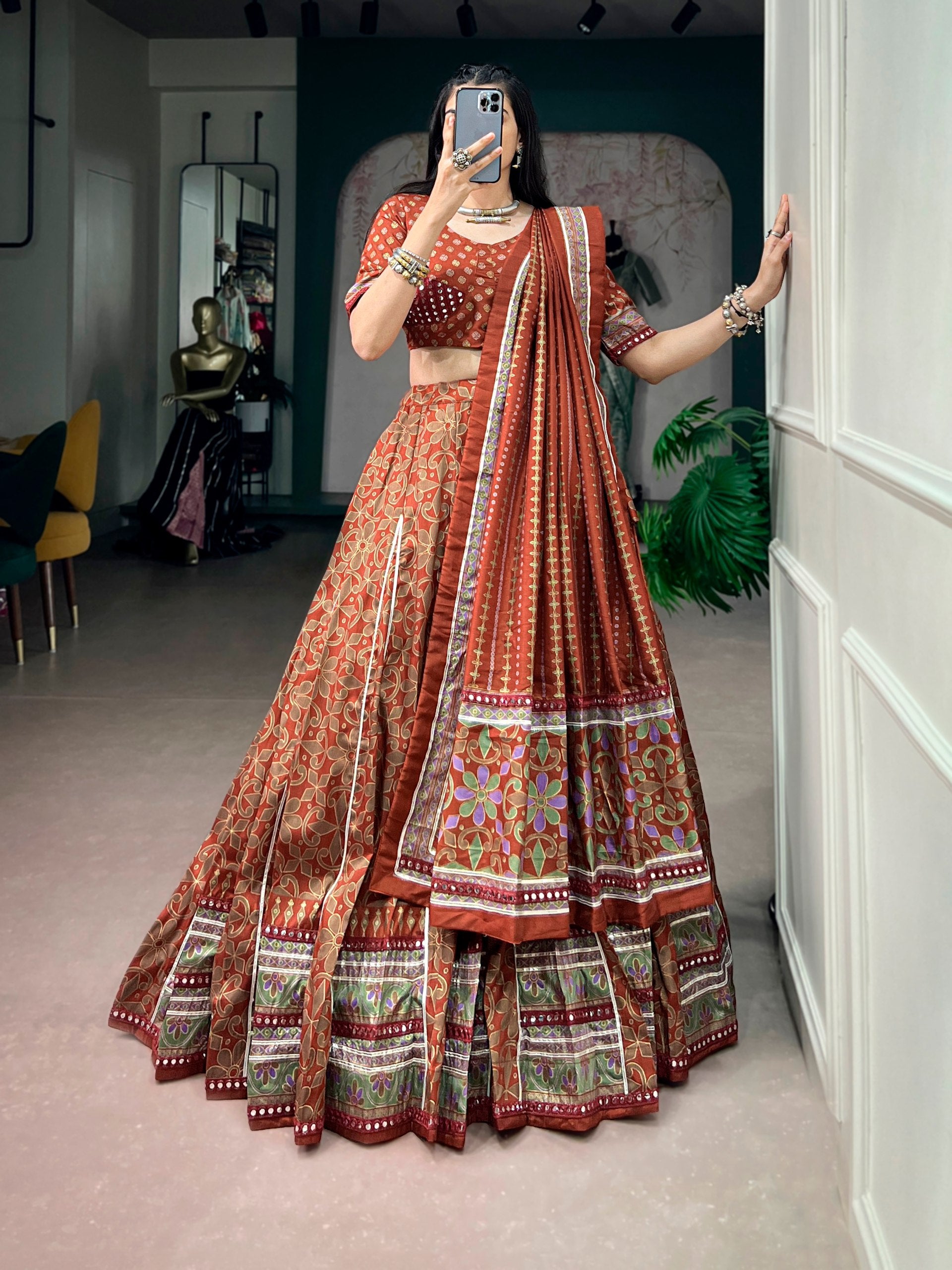 Womenline Rust Brown Navratri Lehenga Choli with Printed Dupatta