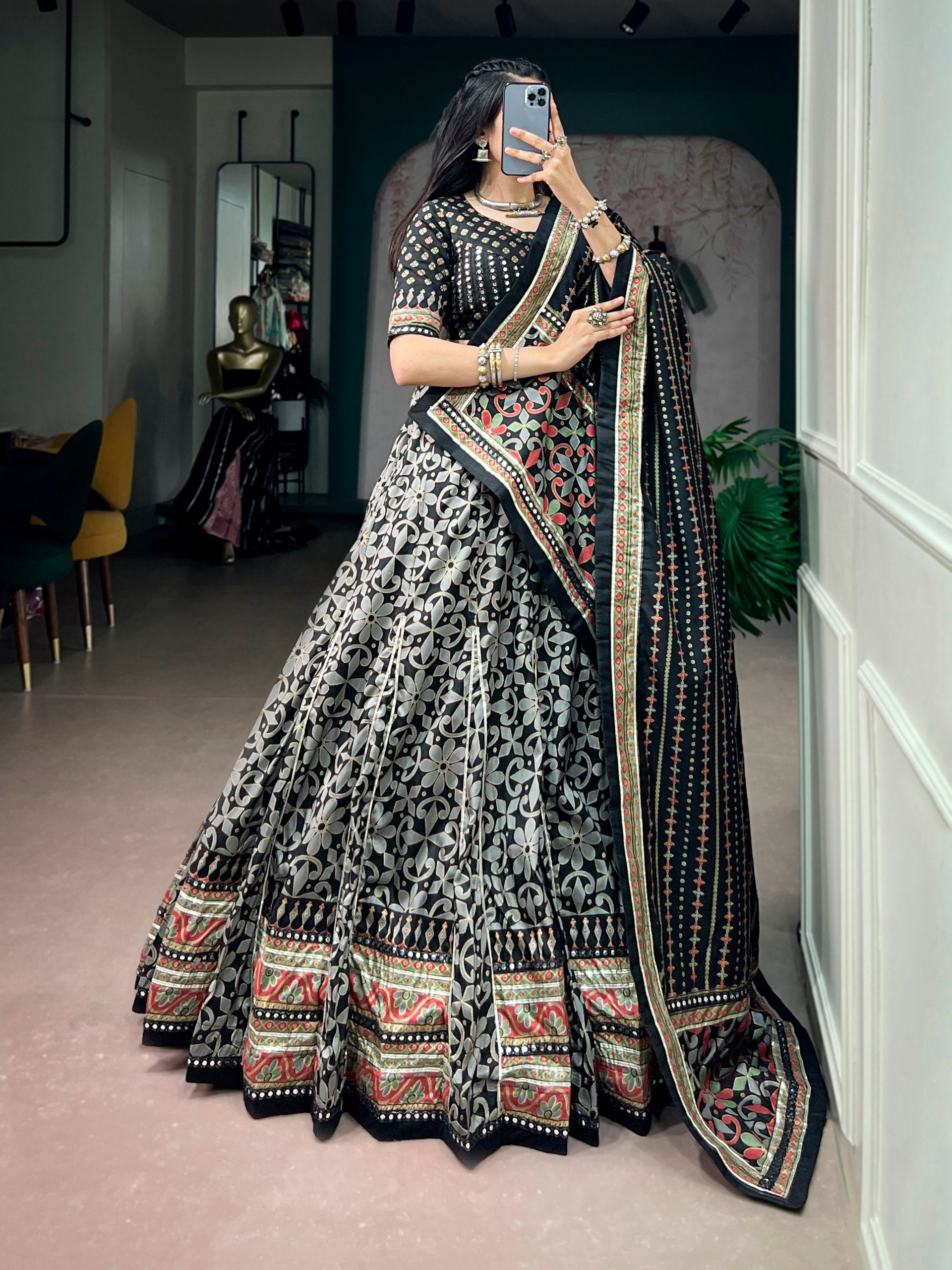 Womenline Black Printed Navratri Lehenga Choli with Designer Dupatta