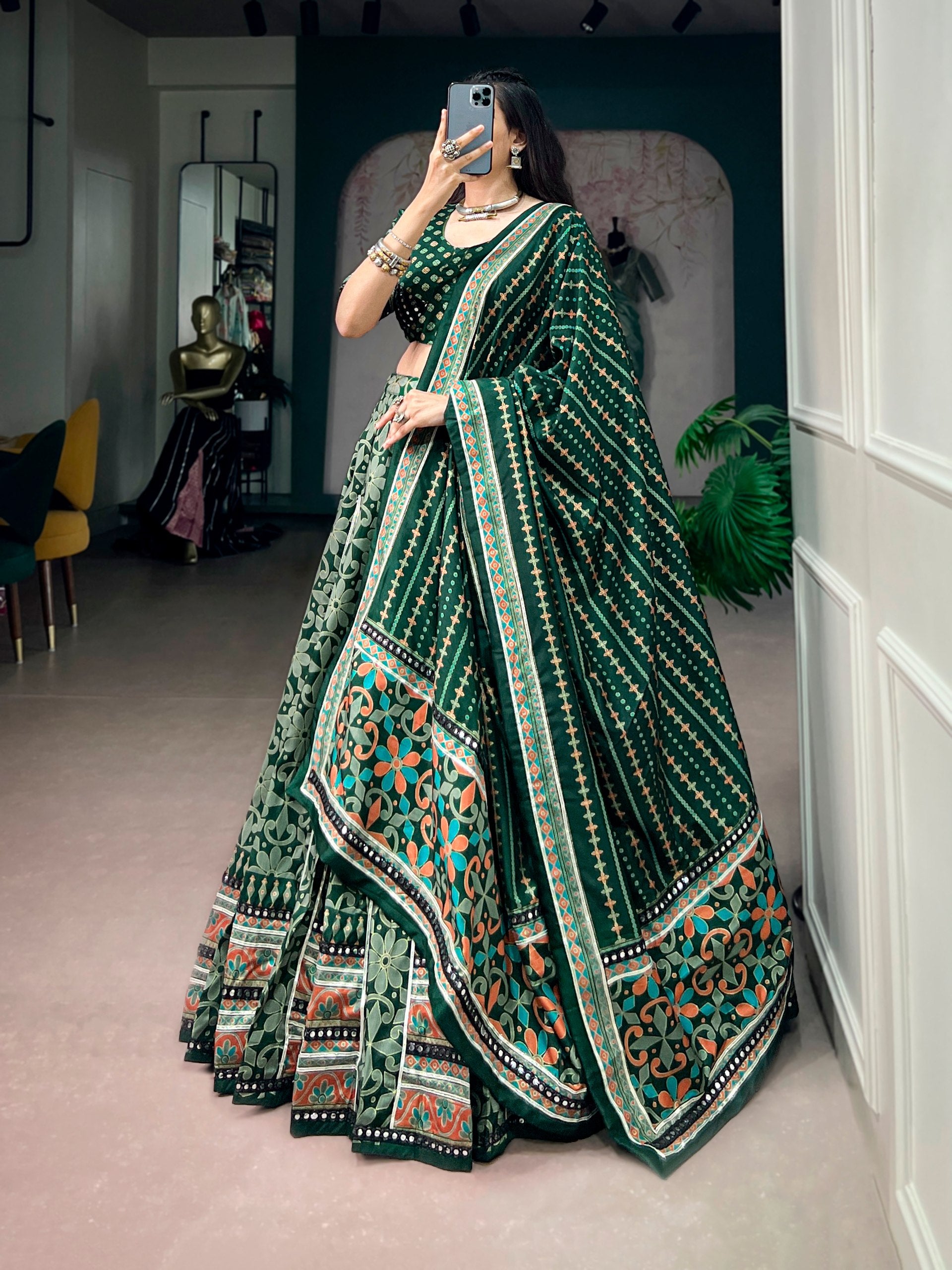 Womenline Bottle Green Navratri Lehenga Choli with Designer Dupatta