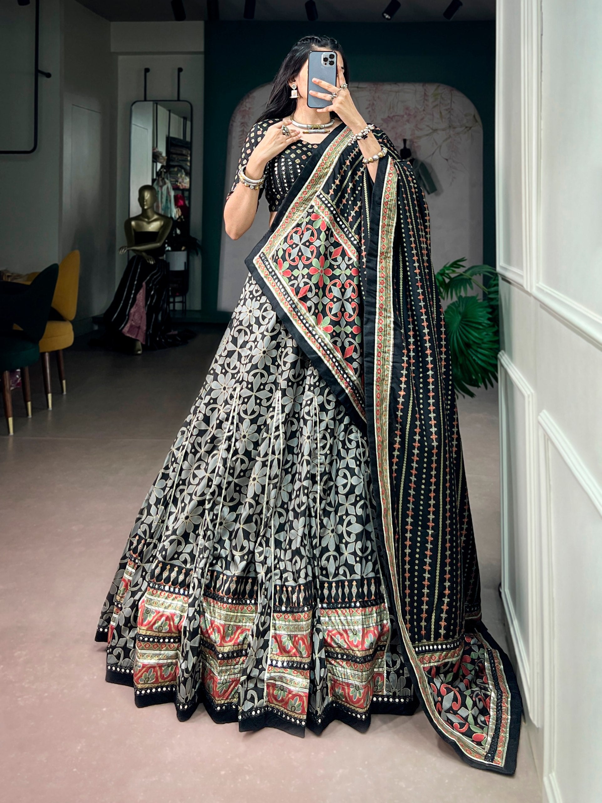 Womenline Black Printed Navratri Lehenga Choli with Designer Dupatta