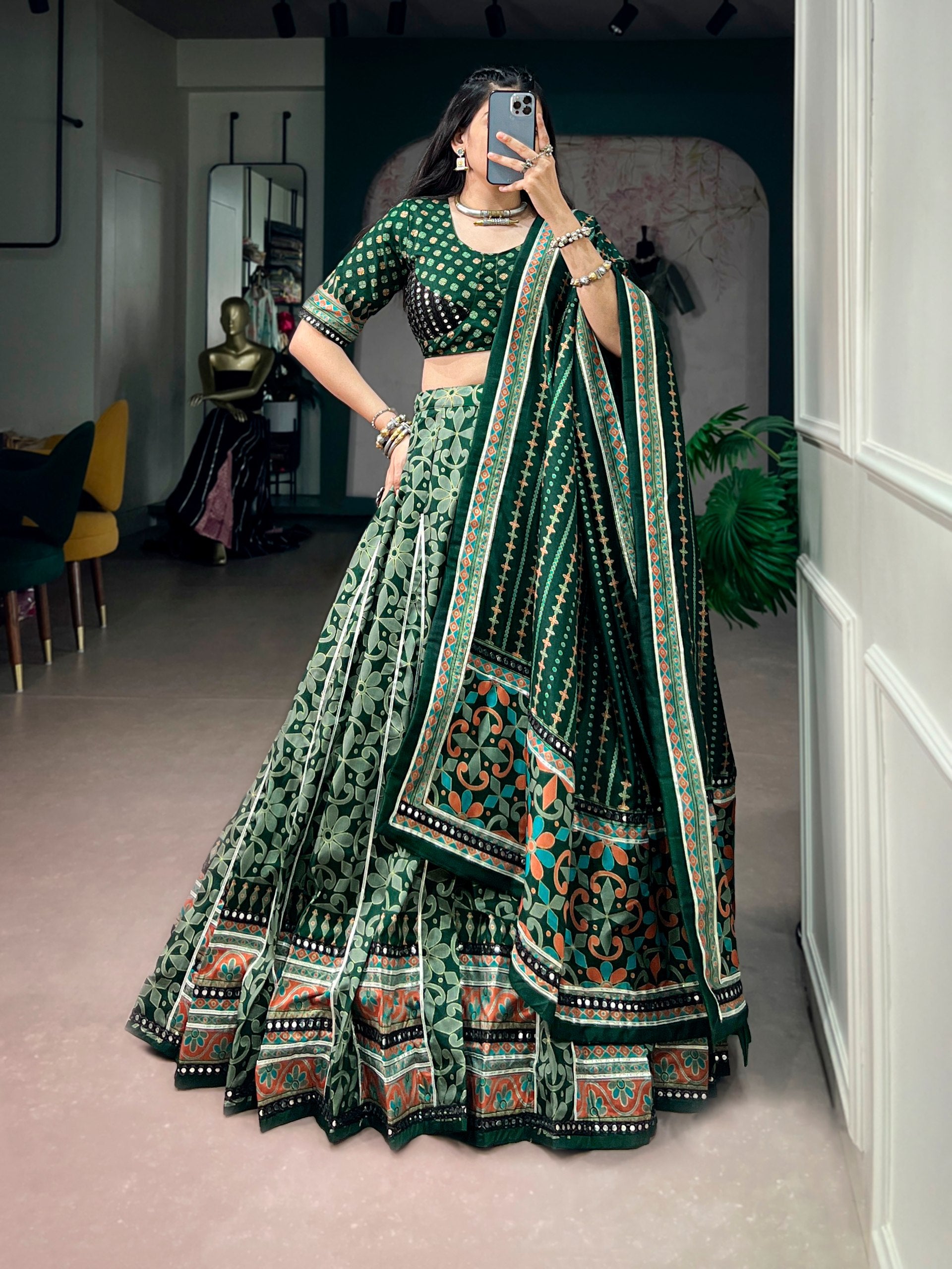 Womenline Bottle Green Navratri Lehenga Choli with Designer Dupatta
