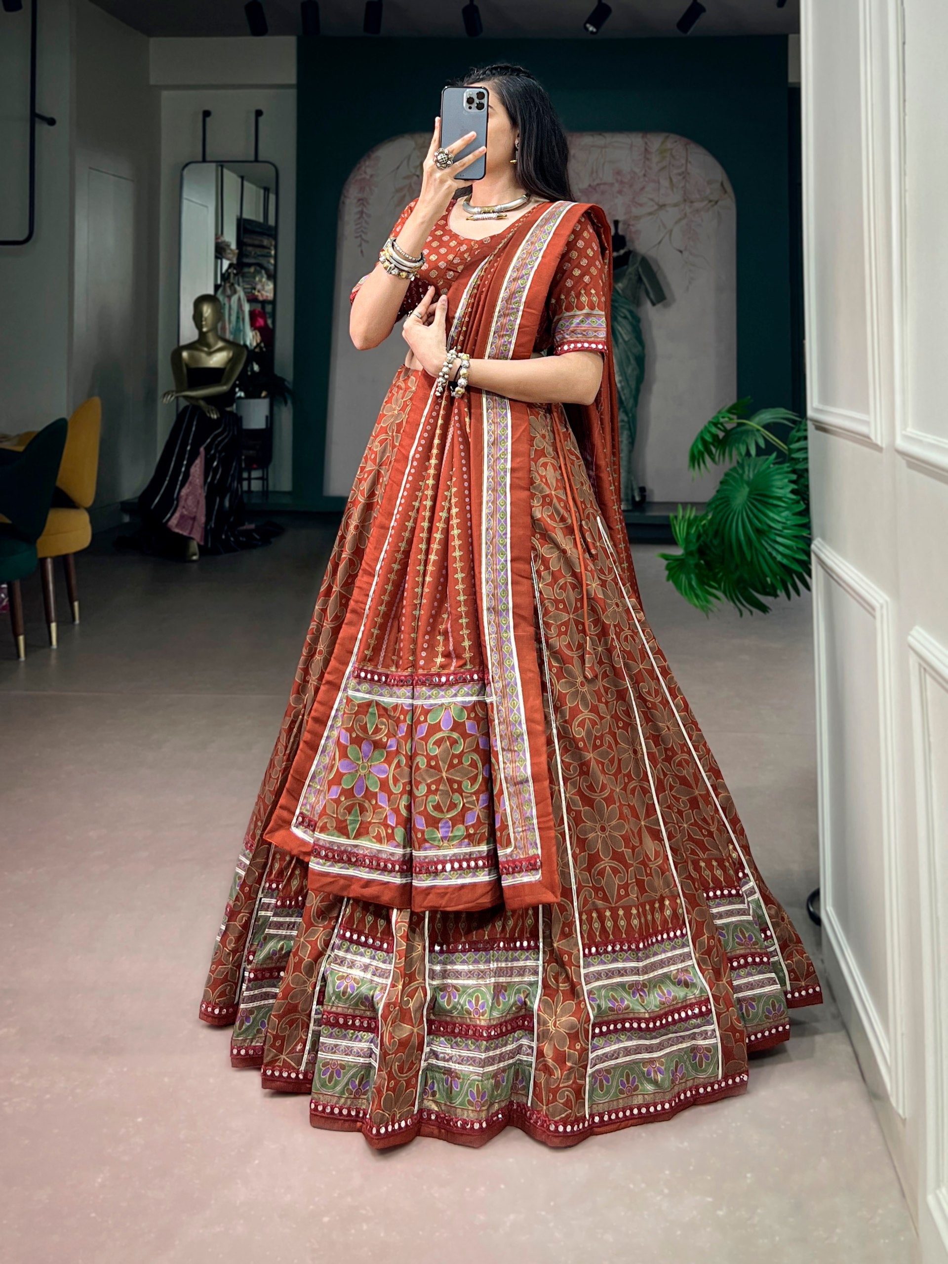 Womenline Rust Brown Navratri Lehenga Choli with Printed Dupatta