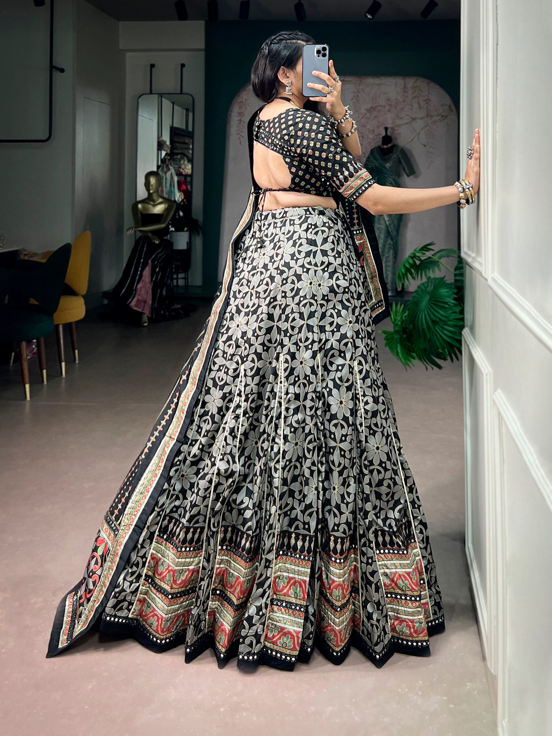 Womenline Black Printed Navratri Lehenga Choli with Designer Dupatta