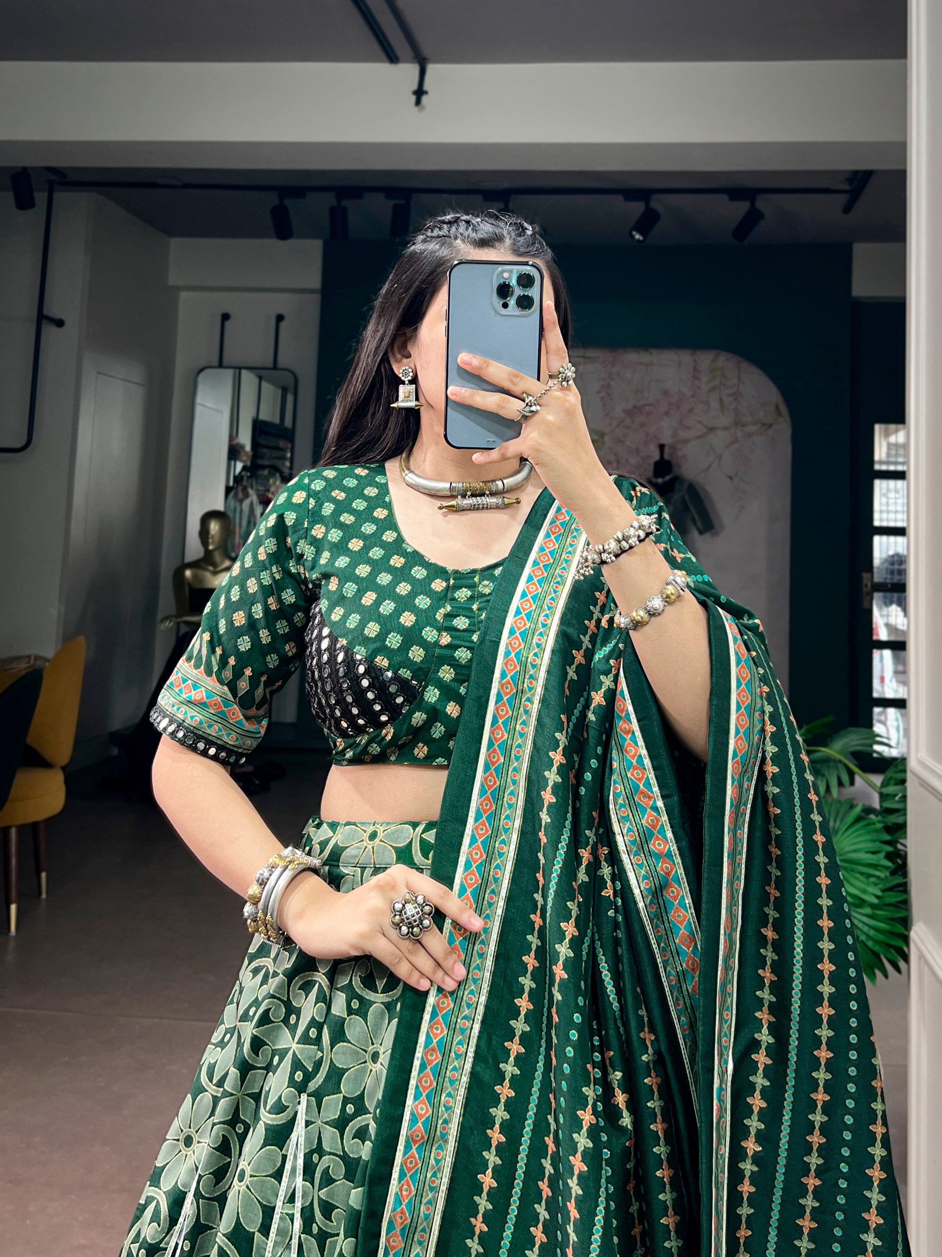 Womenline Bottle Green Navratri Lehenga Choli with Designer Dupatta