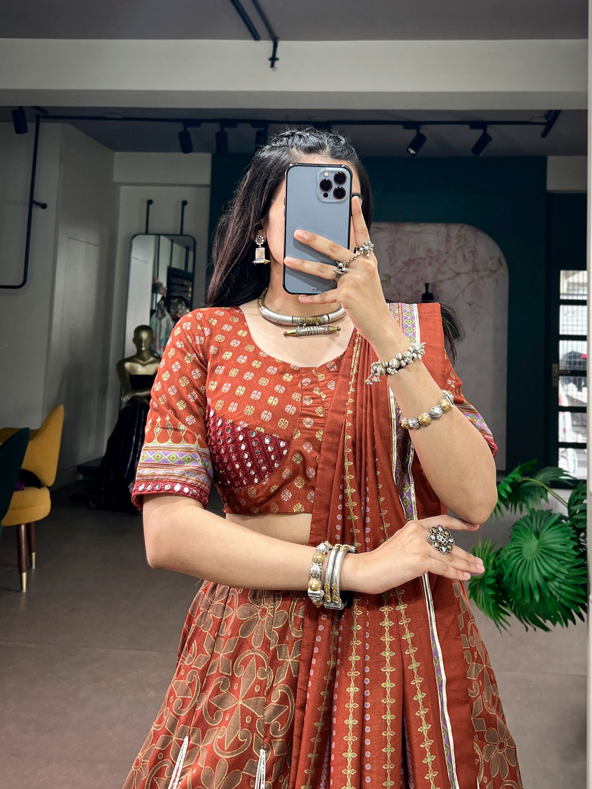 Womenline Rust Brown Navratri Lehenga Choli with Printed Dupatta