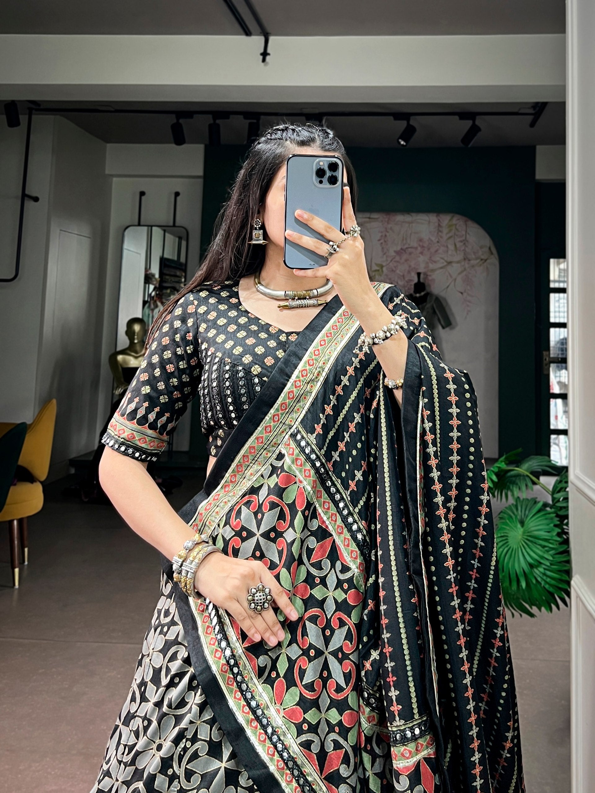 Womenline Black Printed Navratri Lehenga Choli with Designer Dupatta