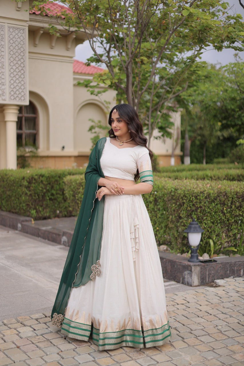 Womenline White & Green Navratri Lehenga Choli with Flared Skirt and Contrast Dupatta