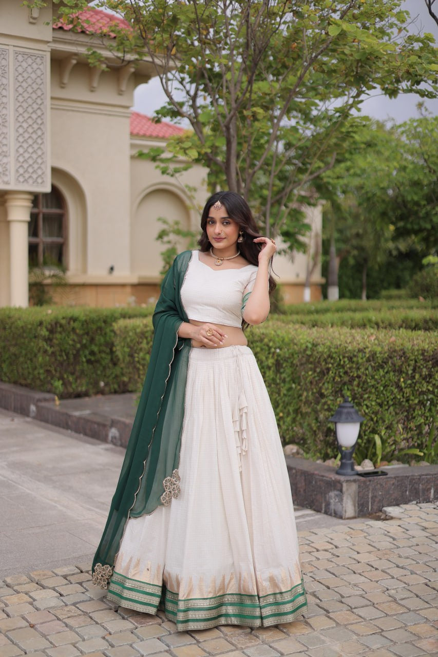 Womenline White & Green Navratri Lehenga Choli with Flared Skirt and Contrast Dupatta