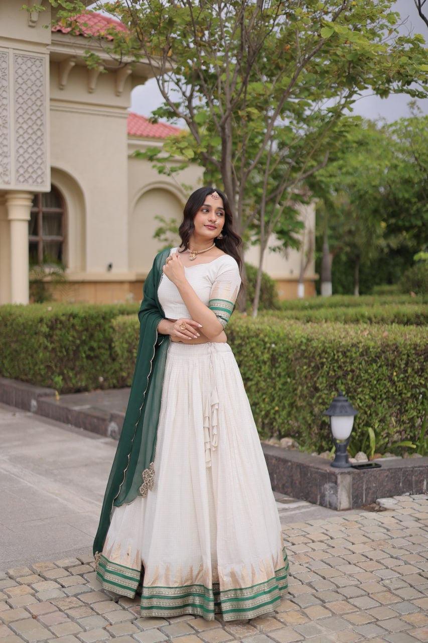 Womenline White & Green Navratri Lehenga Choli with Flared Skirt and Contrast Dupatta