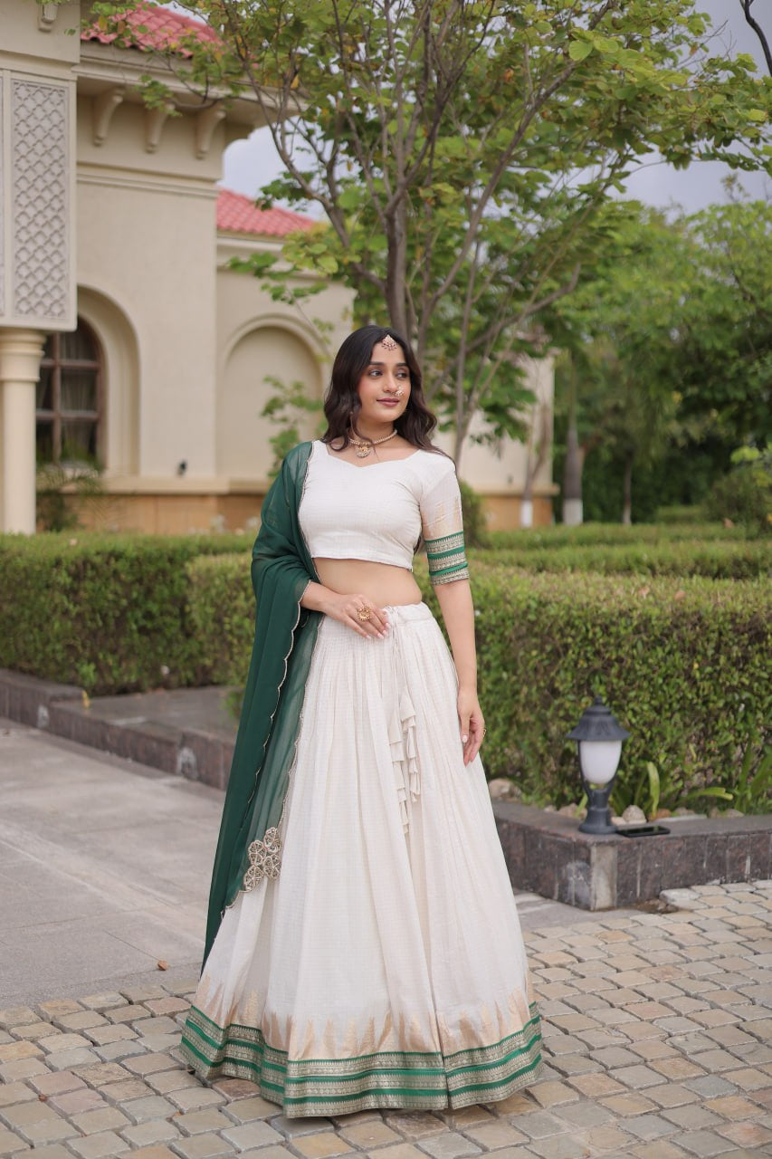 Womenline White & Green Navratri Lehenga Choli with Flared Skirt and Contrast Dupatta
