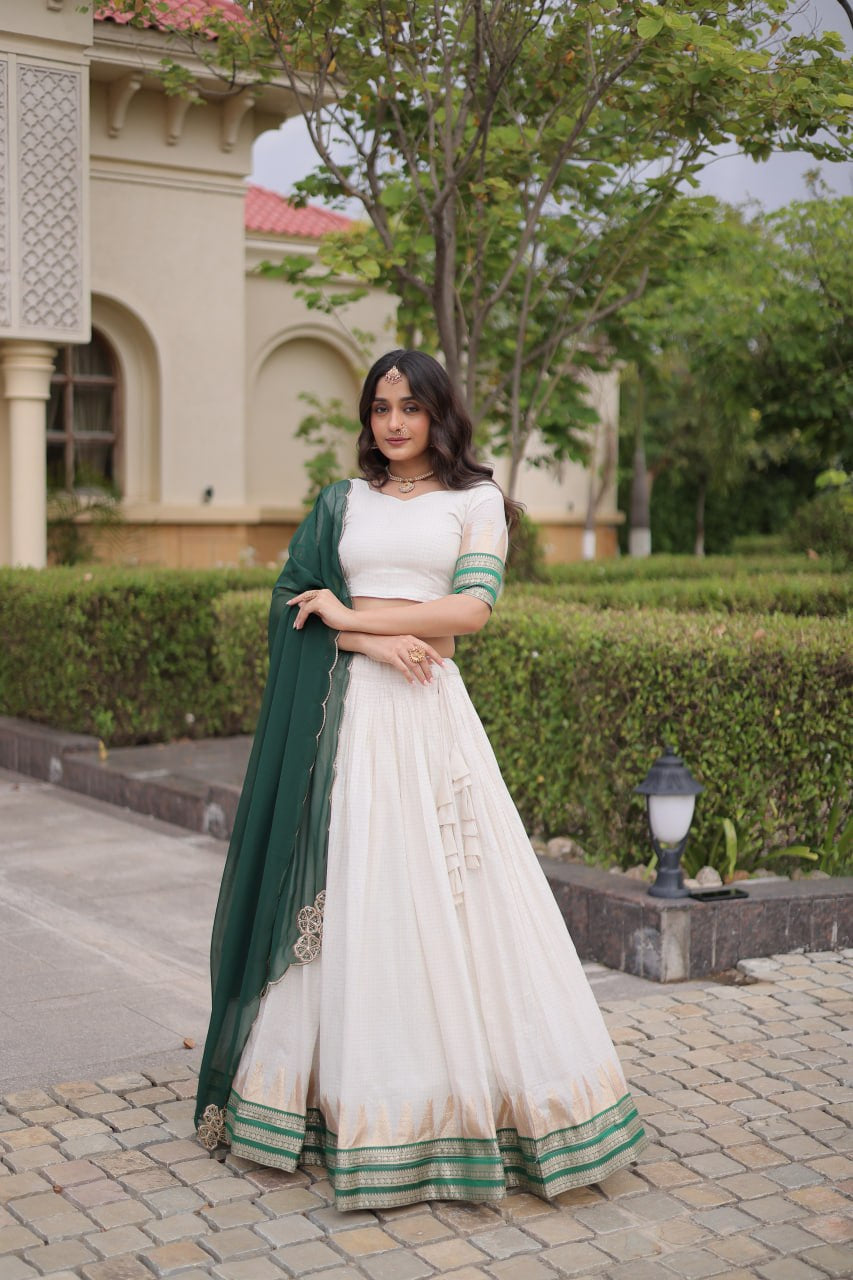 Womenline White & Green Navratri Lehenga Choli with Flared Skirt and Contrast Dupatta
