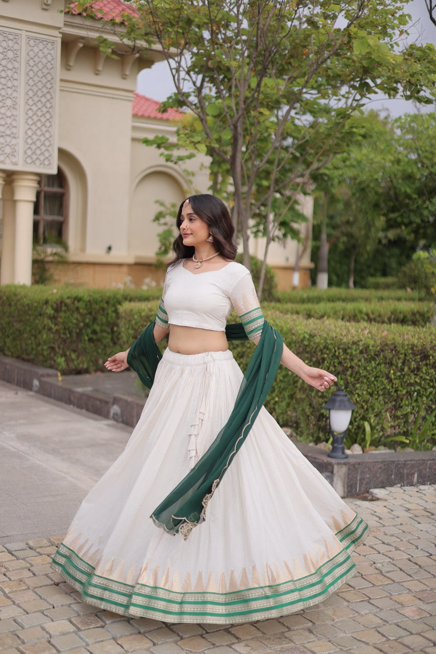 Womenline White & Green Navratri Lehenga Choli with Flared Skirt and Contrast Dupatta