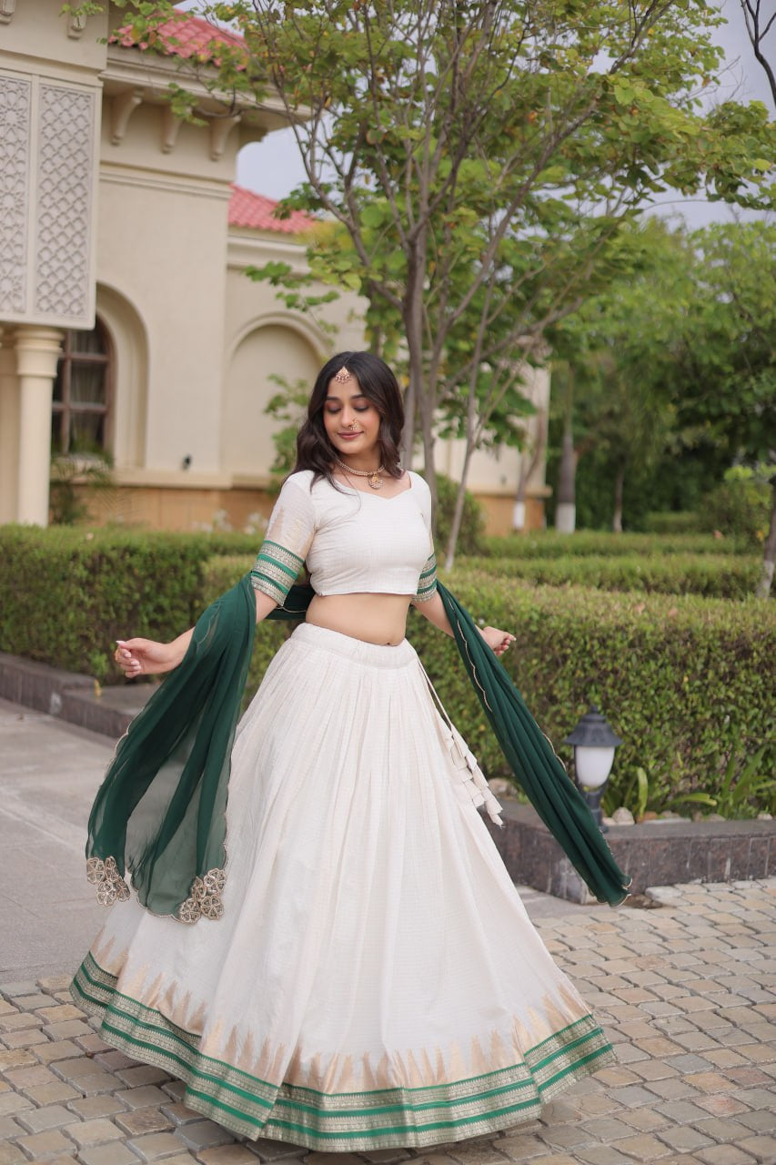Womenline White & Green Navratri Lehenga Choli with Flared Skirt and Contrast Dupatta