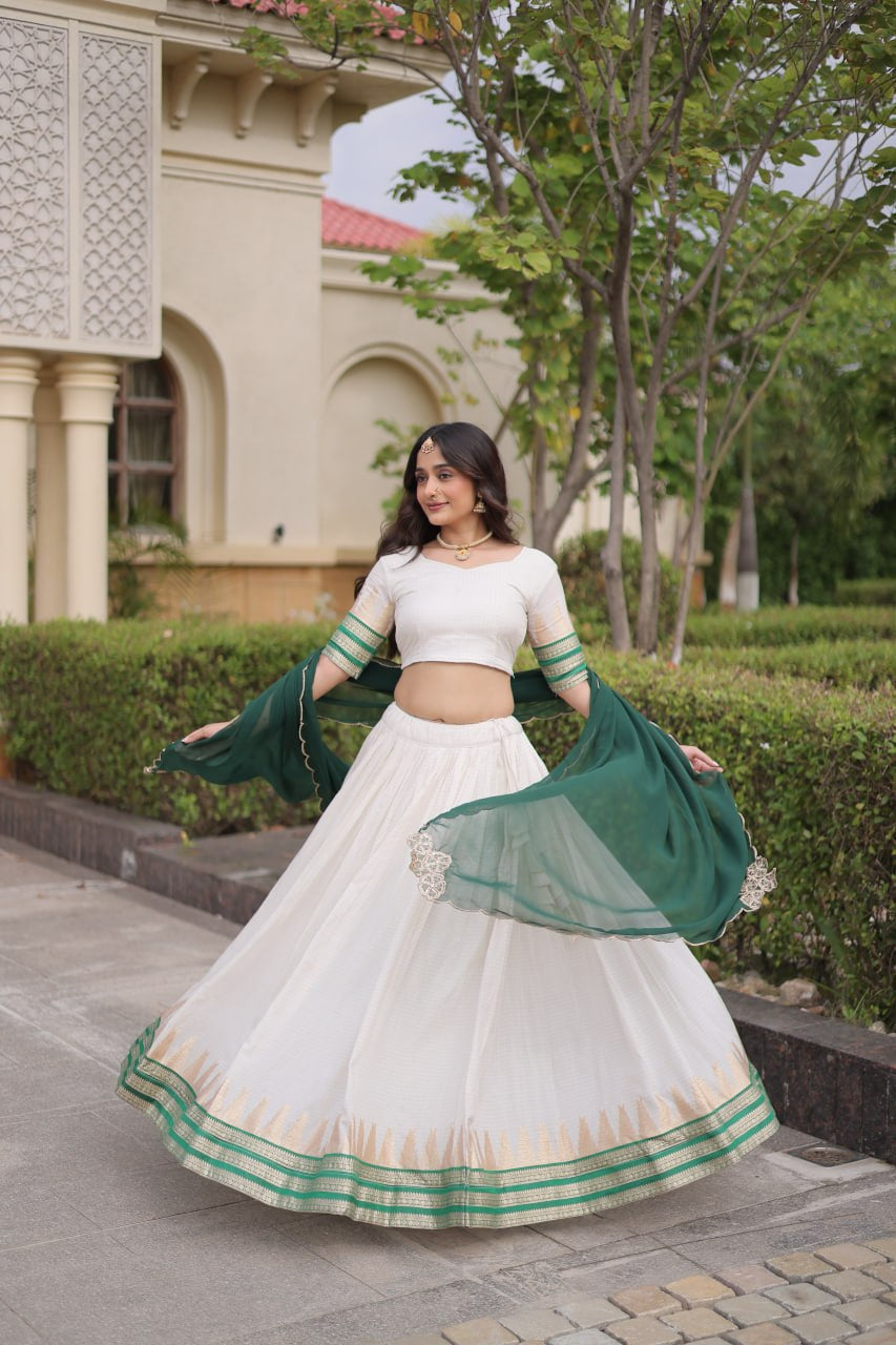 Womenline White & Green Navratri Lehenga Choli with Flared Skirt and Contrast Dupatta