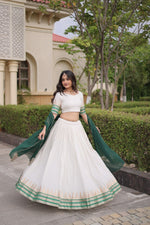 Womenline White & Green Navratri Lehenga Choli with Flared Skirt and Contrast Dupatta