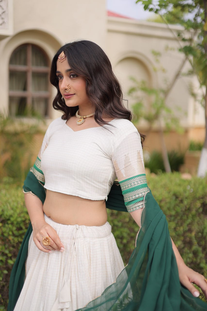 Womenline White & Green Navratri Lehenga Choli with Flared Skirt and Contrast Dupatta
