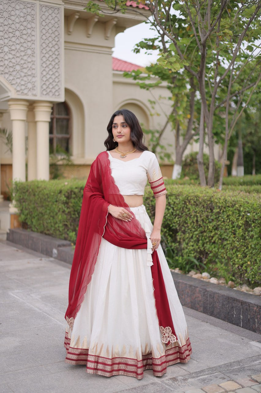 Womenline White & Maroon Navratri Lehenga Choli with Flared Skirt and Contrast Dupatta