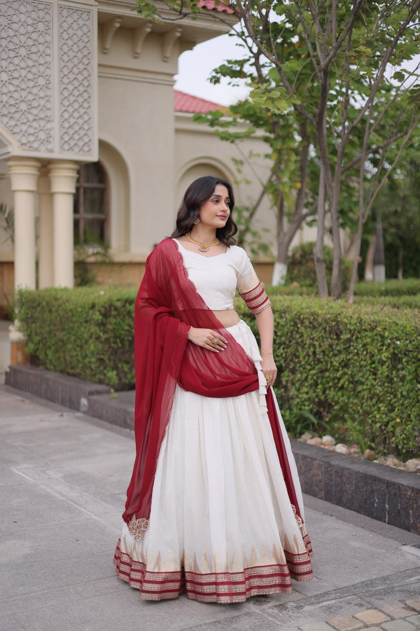 Womenline White & Maroon Navratri Lehenga Choli with Flared Skirt and Contrast Dupatta