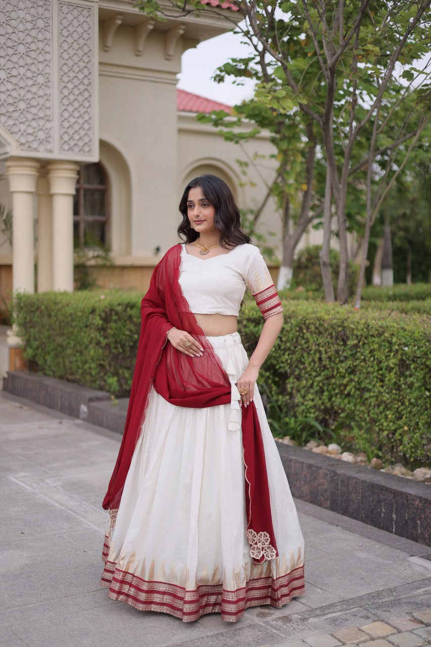 Womenline White & Maroon Navratri Lehenga Choli with Flared Skirt and Contrast Dupatta