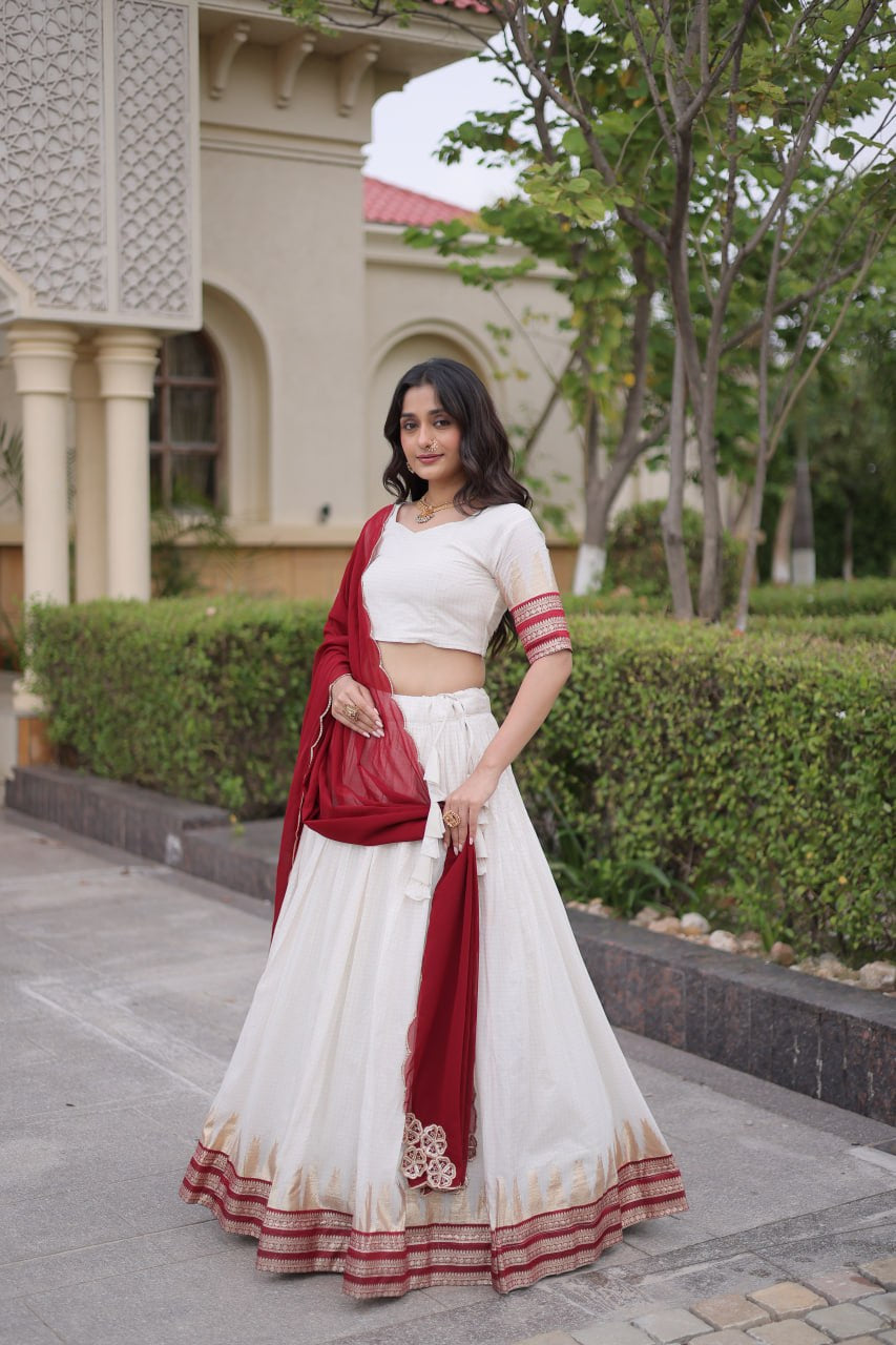 Womenline White & Maroon Navratri Lehenga Choli with Flared Skirt and Contrast Dupatta
