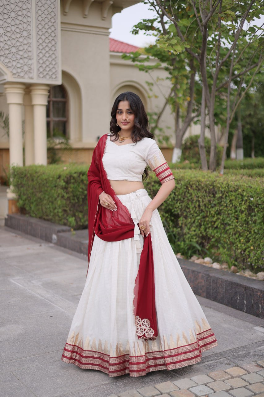 Womenline White & Maroon Navratri Lehenga Choli with Flared Skirt and Contrast Dupatta