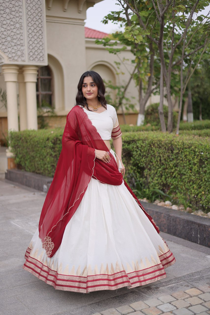 Womenline White & Maroon Navratri Lehenga Choli with Flared Skirt and Contrast Dupatta