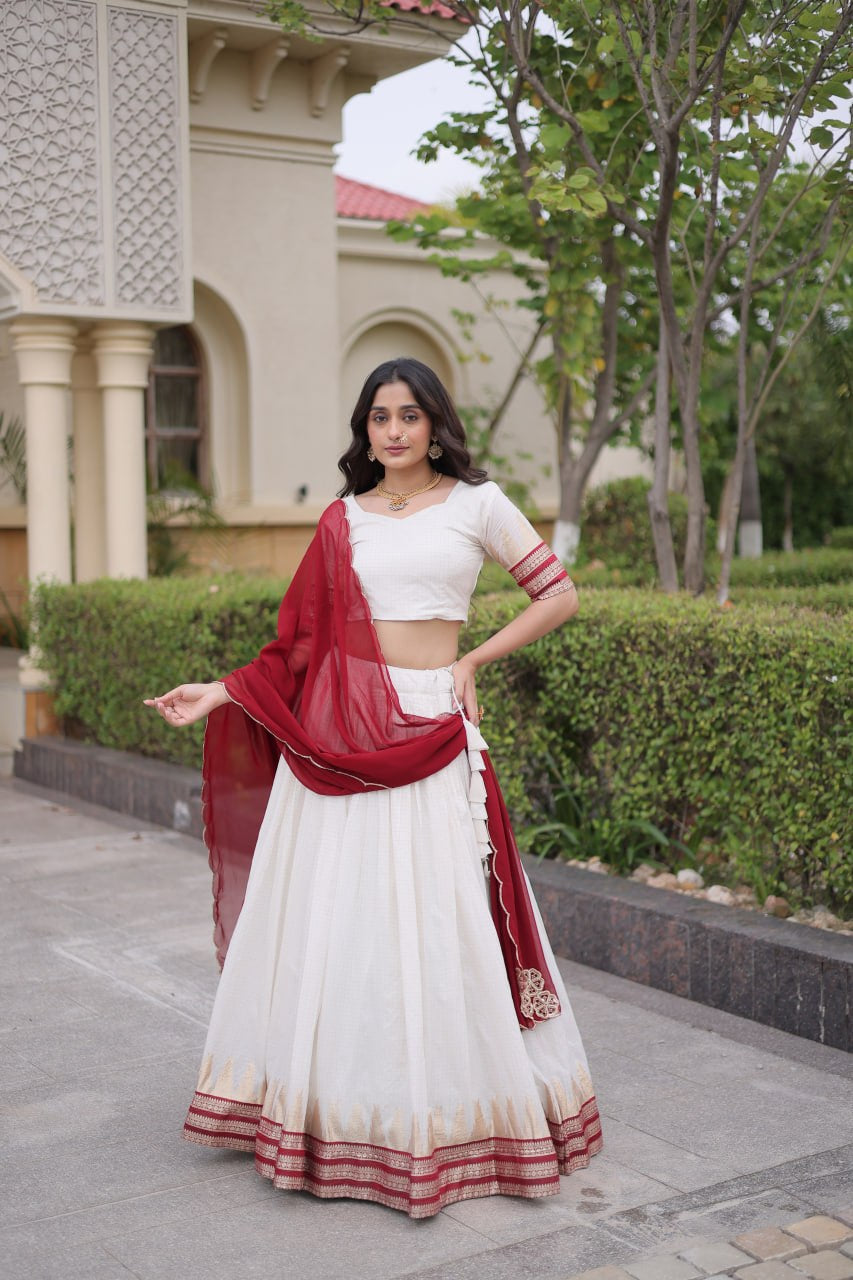 Womenline White & Maroon Navratri Lehenga Choli with Flared Skirt and Contrast Dupatta