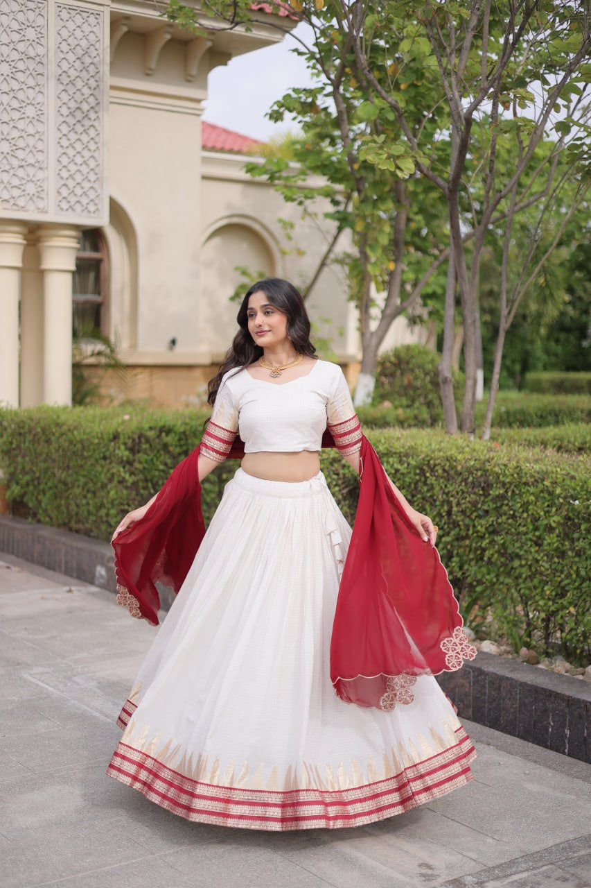 Womenline White & Maroon Navratri Lehenga Choli with Flared Skirt and Contrast Dupatta