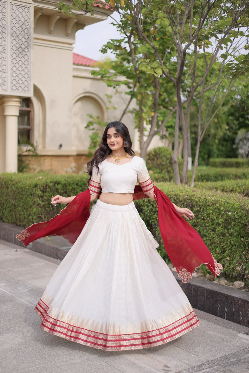 Womenline White & Maroon Navratri Lehenga Choli with Flared Skirt and Contrast Dupatta