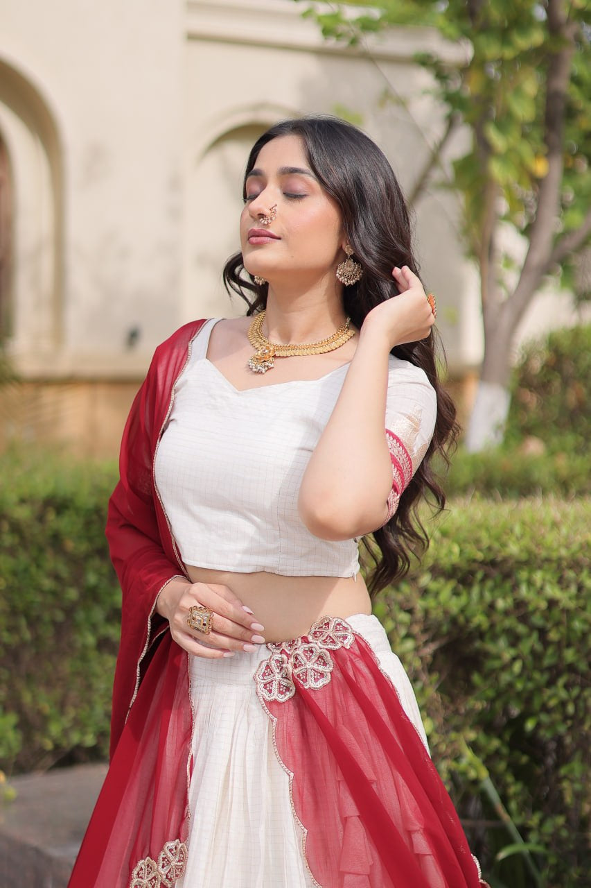 Womenline White & Maroon Navratri Lehenga Choli with Flared Skirt and Contrast Dupatta