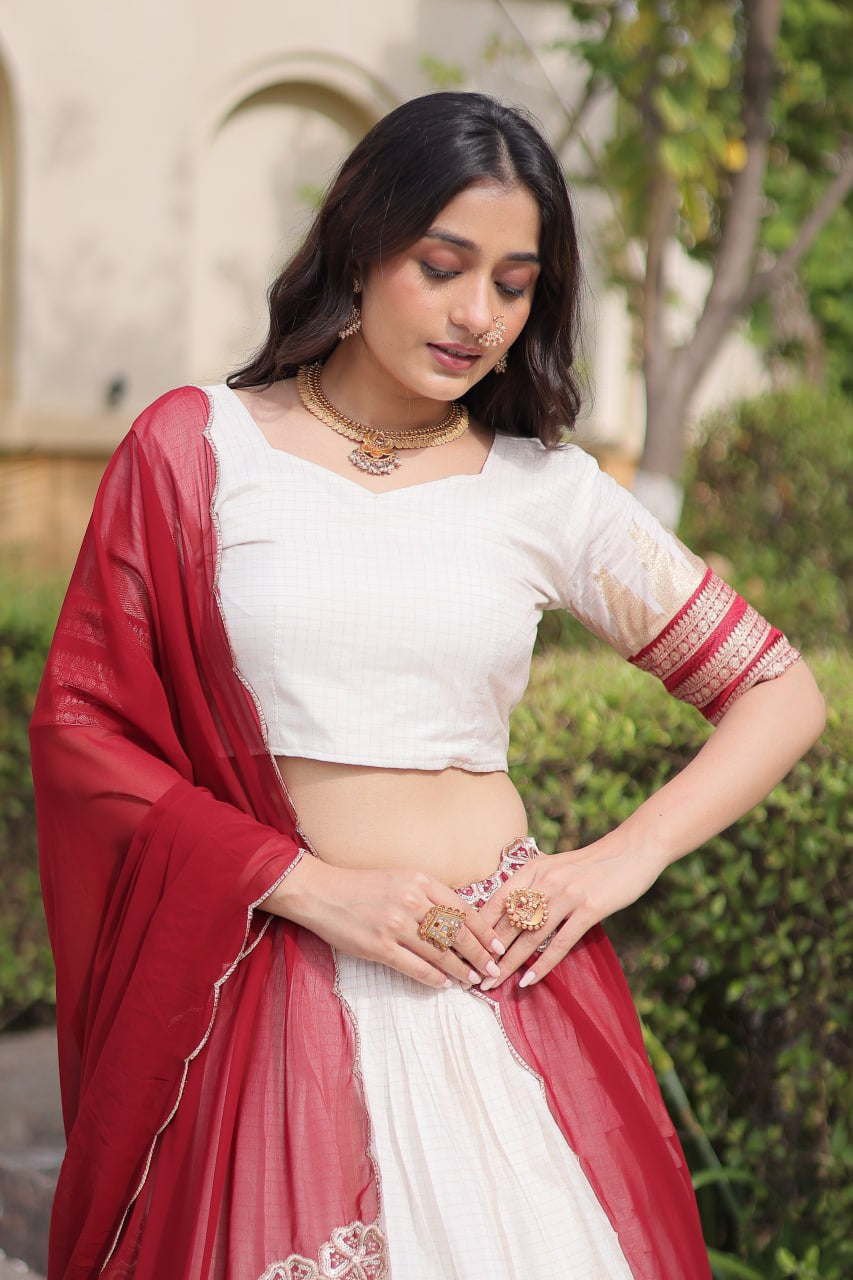 Womenline White & Maroon Navratri Lehenga Choli with Flared Skirt and Contrast Dupatta