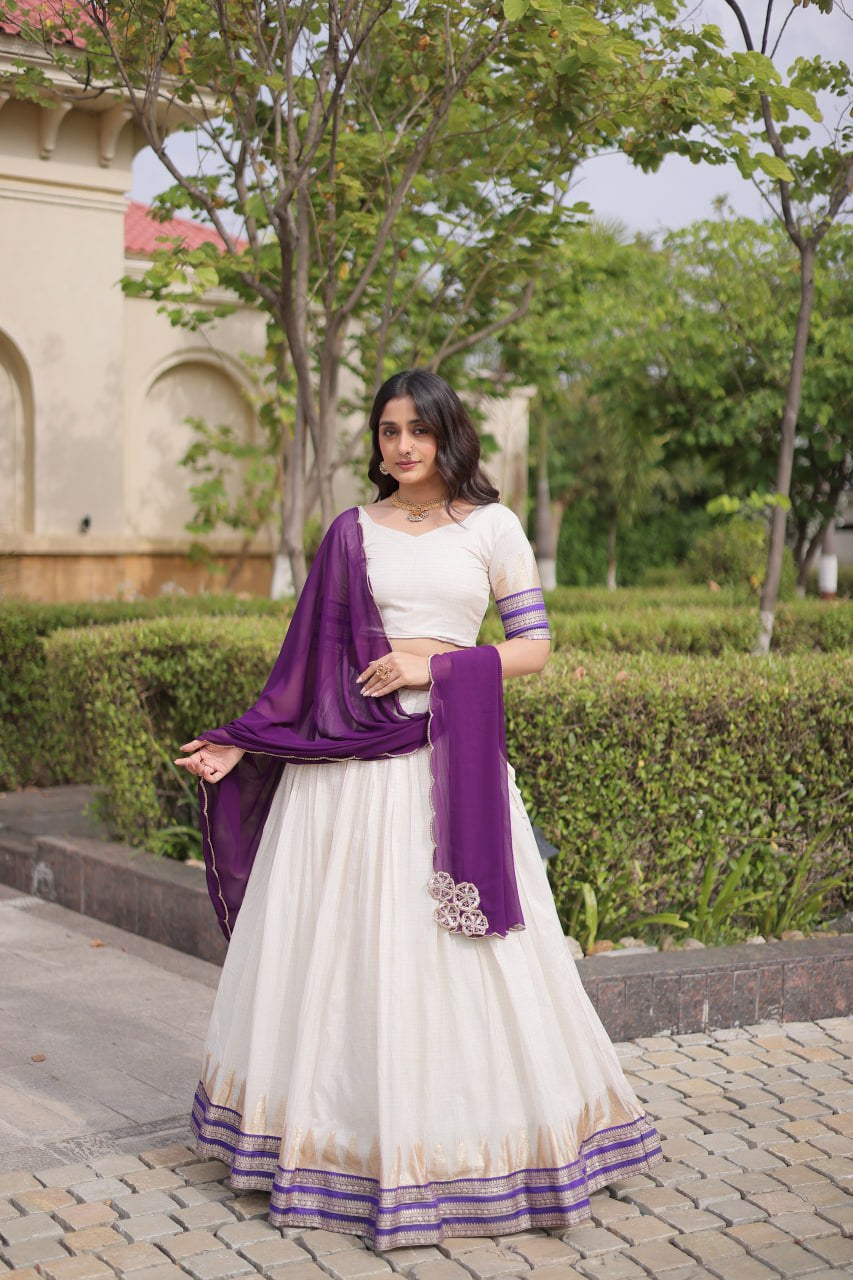 Womenline White & Purple Navratri Lehenga Choli with Flared Skirt and Contrast Dupatta