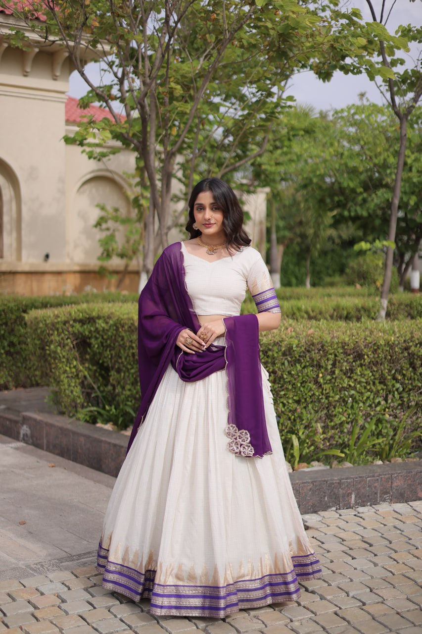 Womenline White & Purple Navratri Lehenga Choli with Flared Skirt and Contrast Dupatta
