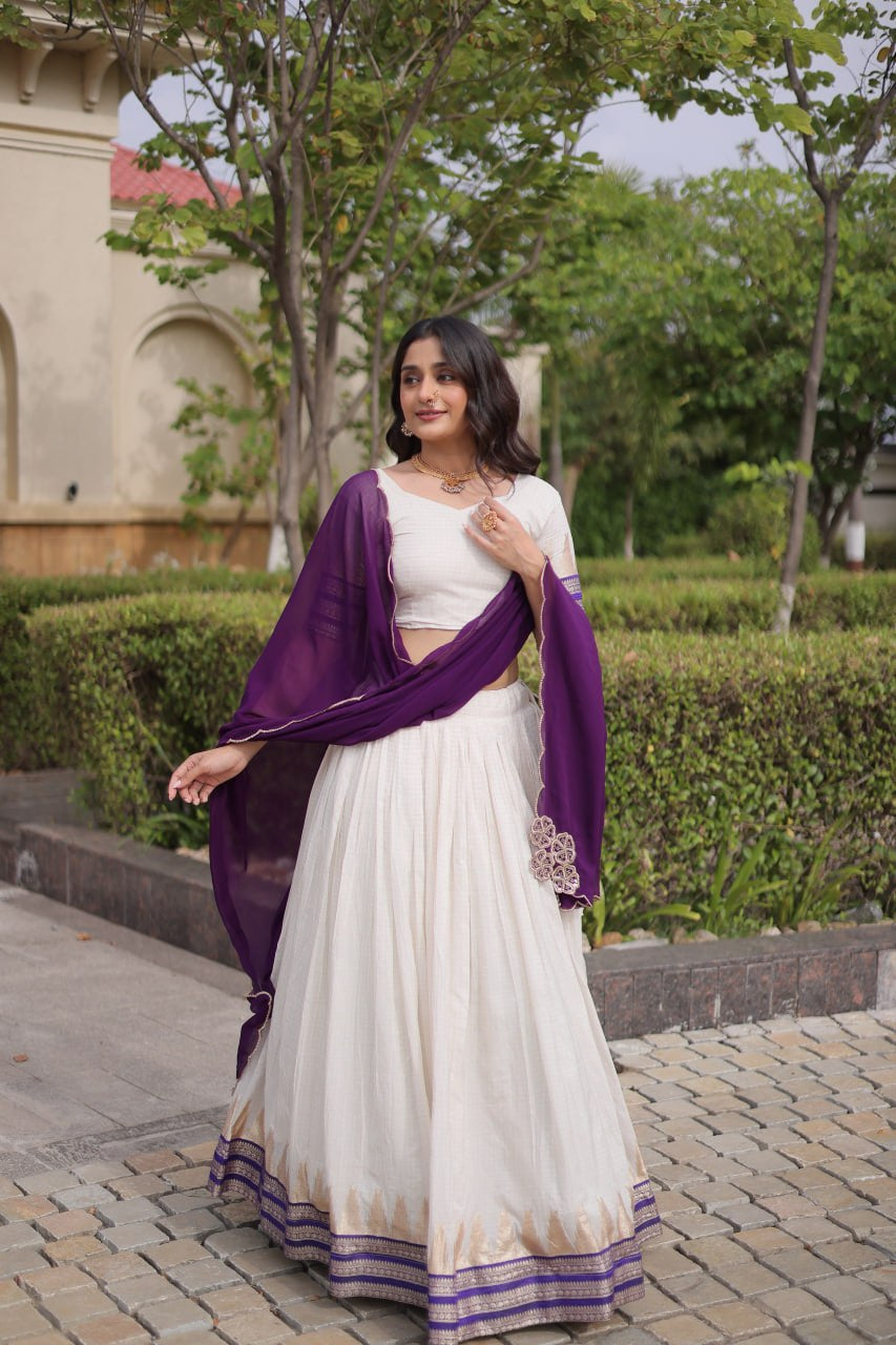 Womenline White & Purple Navratri Lehenga Choli with Flared Skirt and Contrast Dupatta