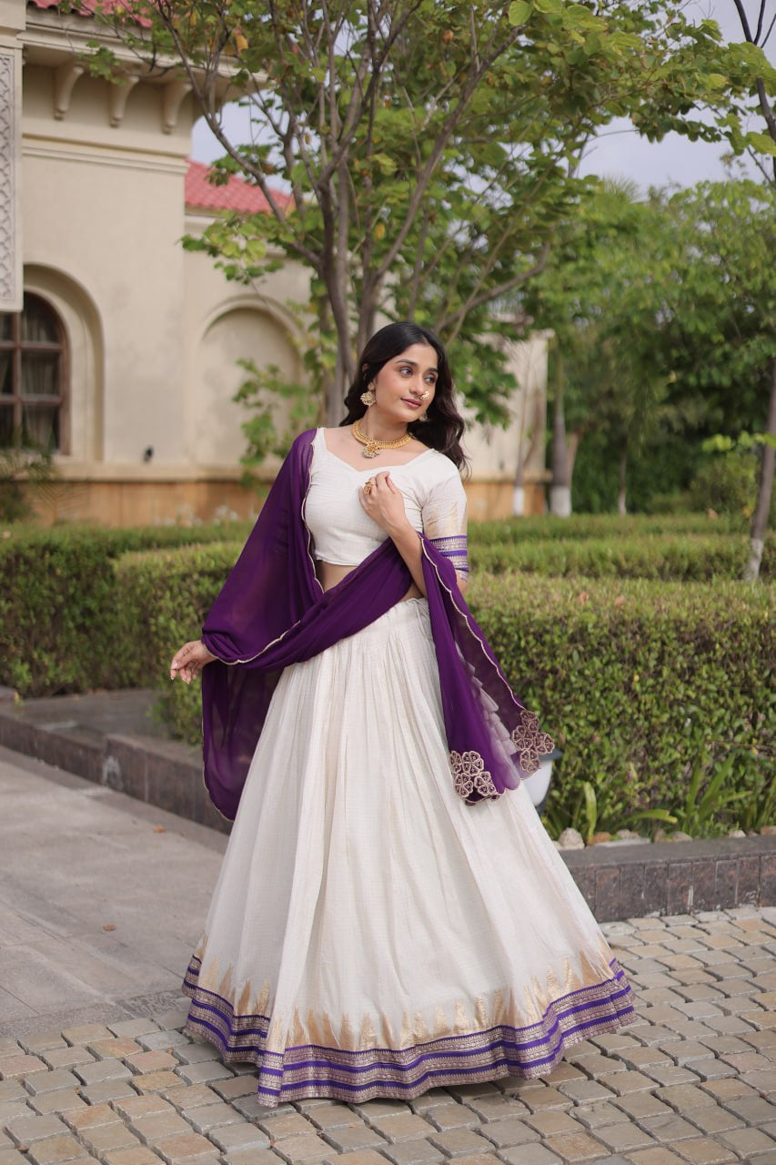Womenline White & Purple Navratri Lehenga Choli with Flared Skirt and Contrast Dupatta