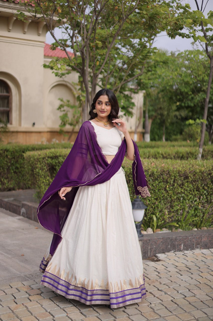 Womenline White & Purple Navratri Lehenga Choli with Flared Skirt and Contrast Dupatta