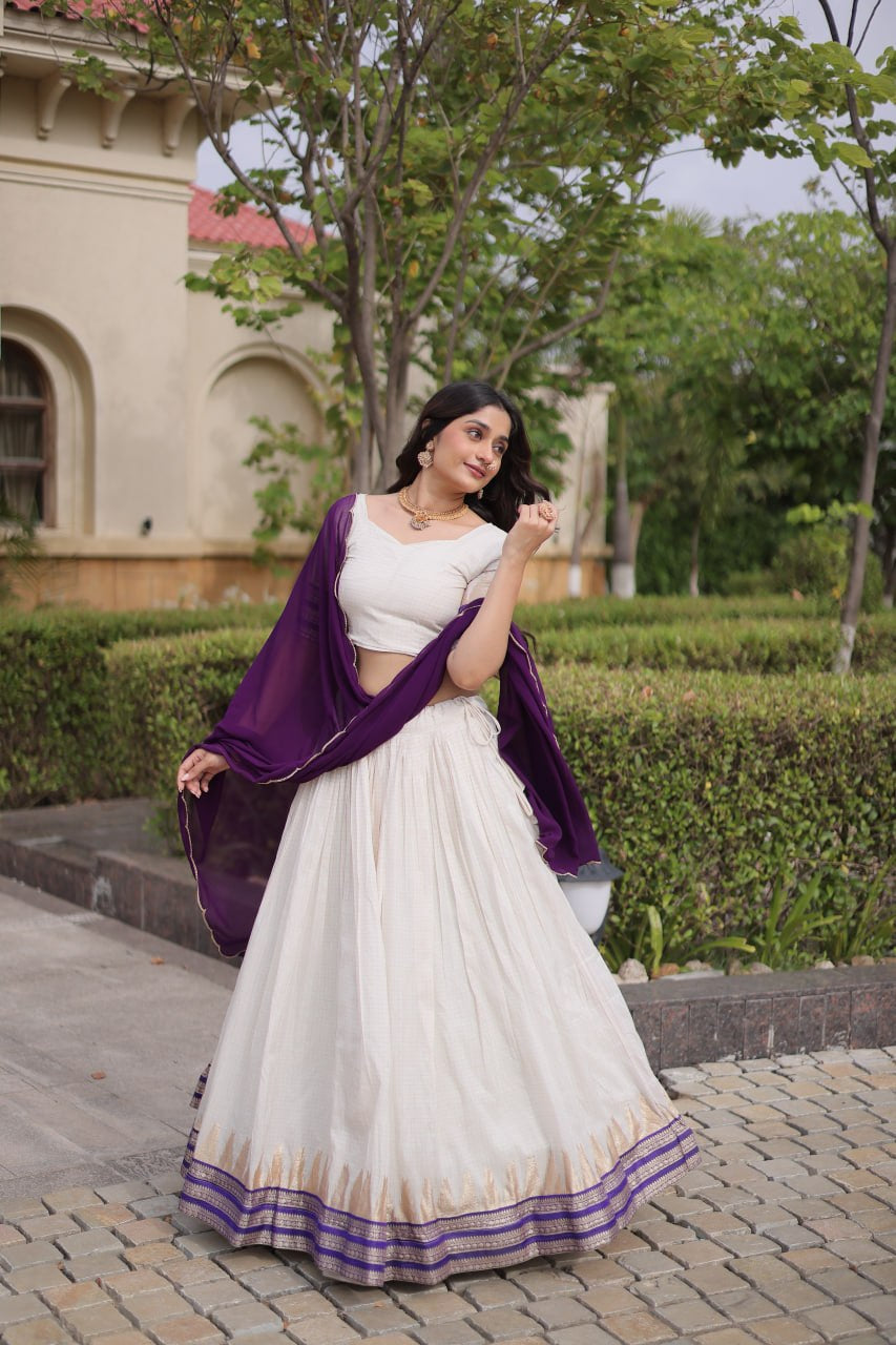 Womenline White & Purple Navratri Lehenga Choli with Flared Skirt and Contrast Dupatta