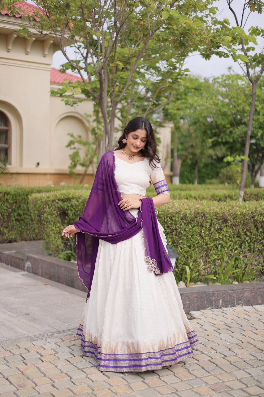 Womenline White & Purple Navratri Lehenga Choli with Flared Skirt and Contrast Dupatta
